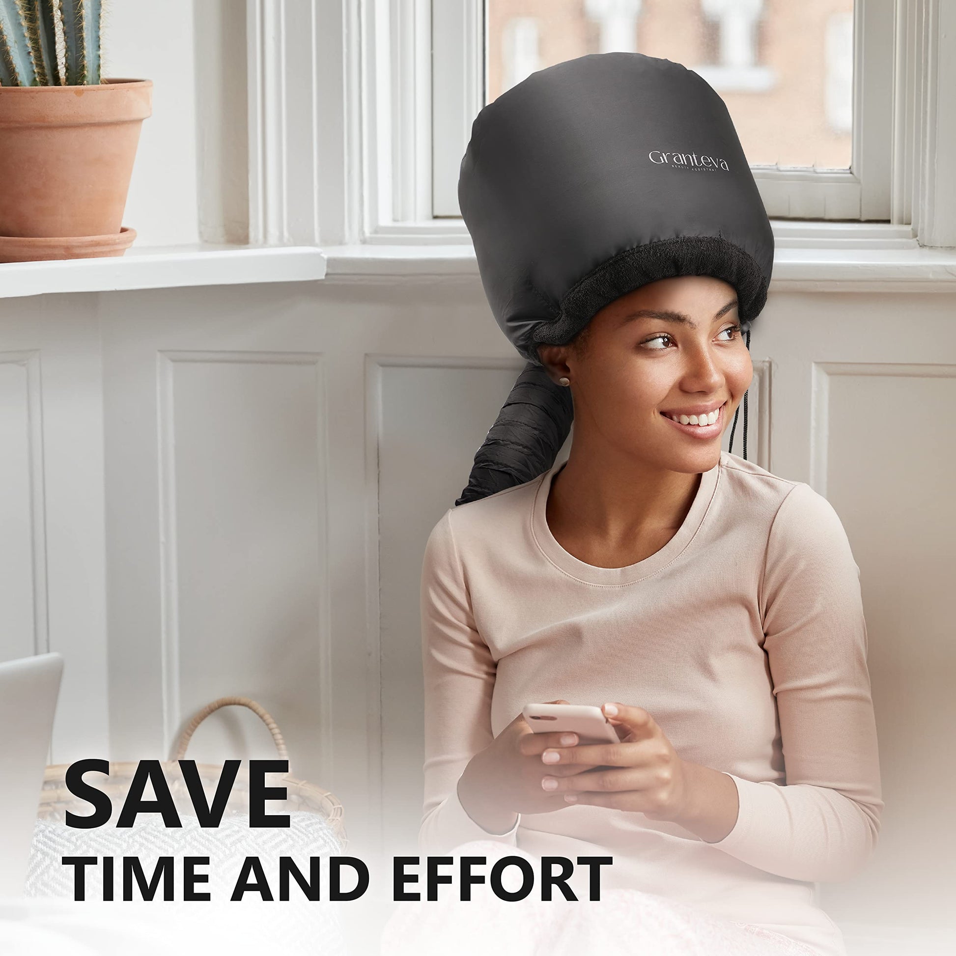 Bonnet Hood Hair Dryer Attachment by Granteva - Relax, Speeds Up Drying Time at Home, Easy to Use for Styling, Curling and Deep Conditioning - Soft, A