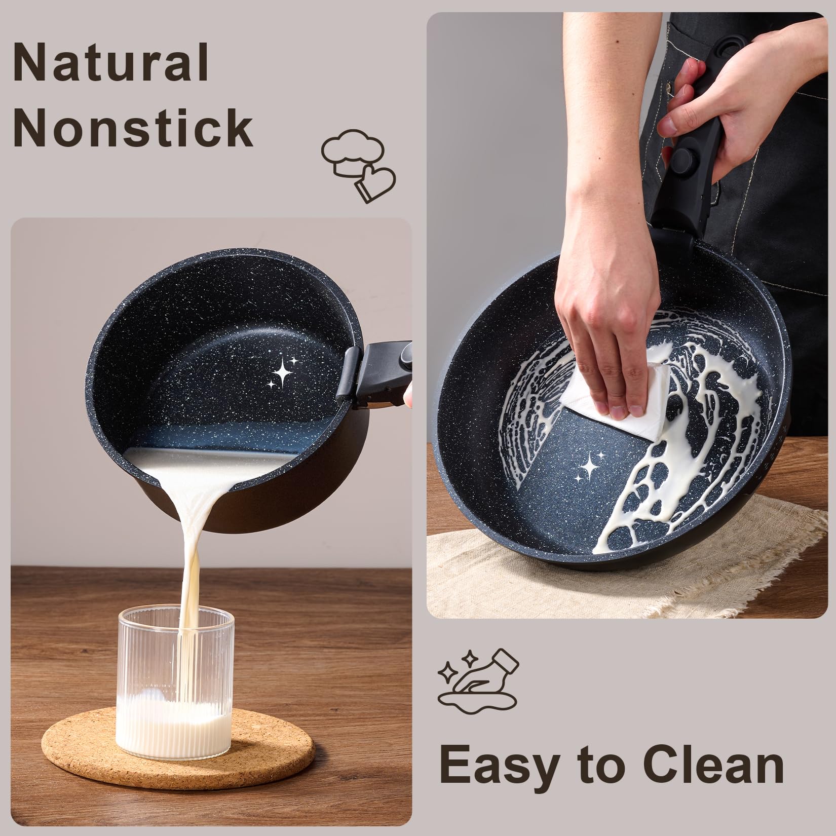 JEETEE - Juego de ollas y sartenes antiadherentes, 26 piezas, utensilios de cocina con mango extraíble/desmontable, para cocina de inducción, apto horno, apilables, para caravana, sin PFOA, negro