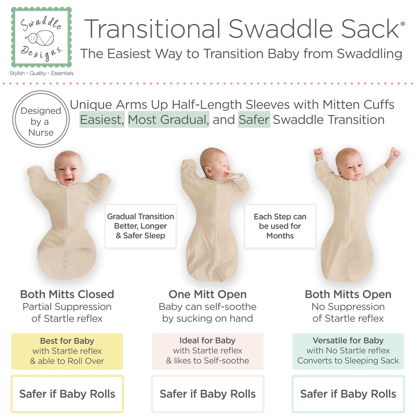 SwaddleDesigns - Saco de Envolver de transición con Brazos hasta Mangas de Media Longitud y puños de manopla, Grande, 6-9 Meses, 20-25 Libras, Avena Jaspeada (Envoltura de Brazos Arriba, Saco de