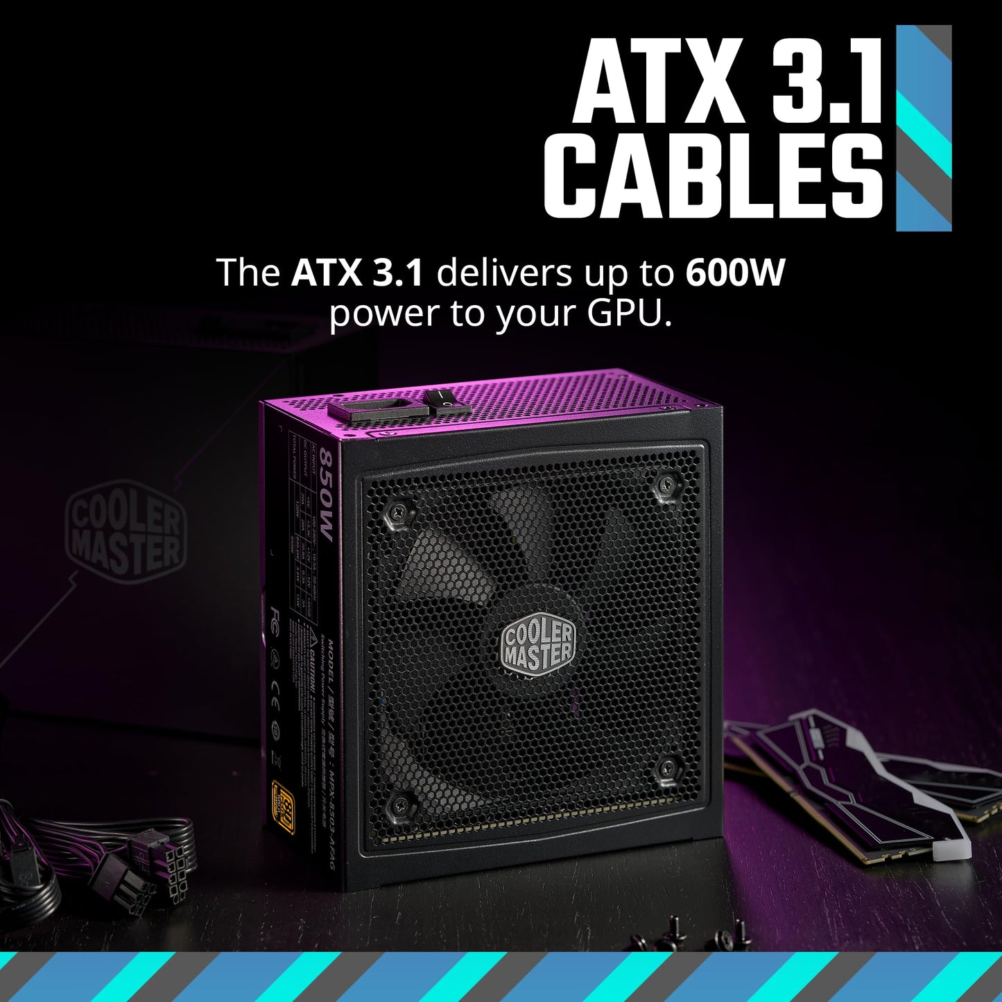 Título: Cooler Master MWE Gold 850 V3 ATX 3.0 Fuente Modular Completa, 850W, 80+ eficiencia Dorada, 90 Grados 12V-2x6|600W PCIe 5.0, condensadores japoneses, Modo Cero RPM, Cubierta de Ventilador
