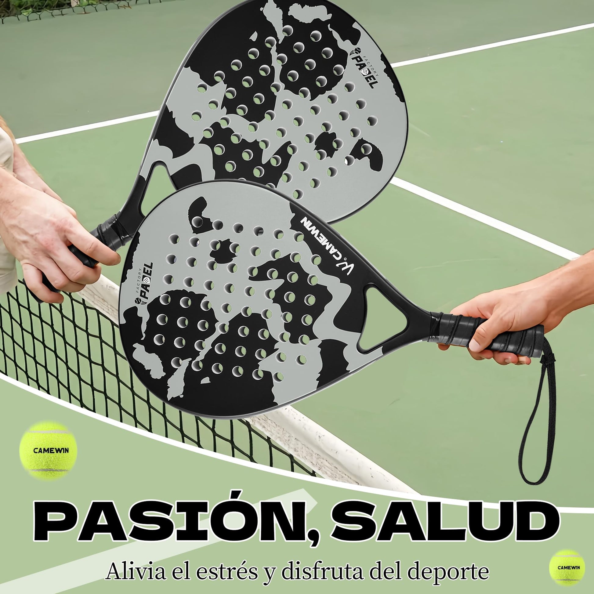 Camewin Raquetas de Pádel, Set de 2 Palas de Pádel 100% Fibra de Carbono con Fundas, 4 Grips y 2 Muñequeras, para Principiantes e Intermedios, pensada en Proteger la Raqueta Padel.