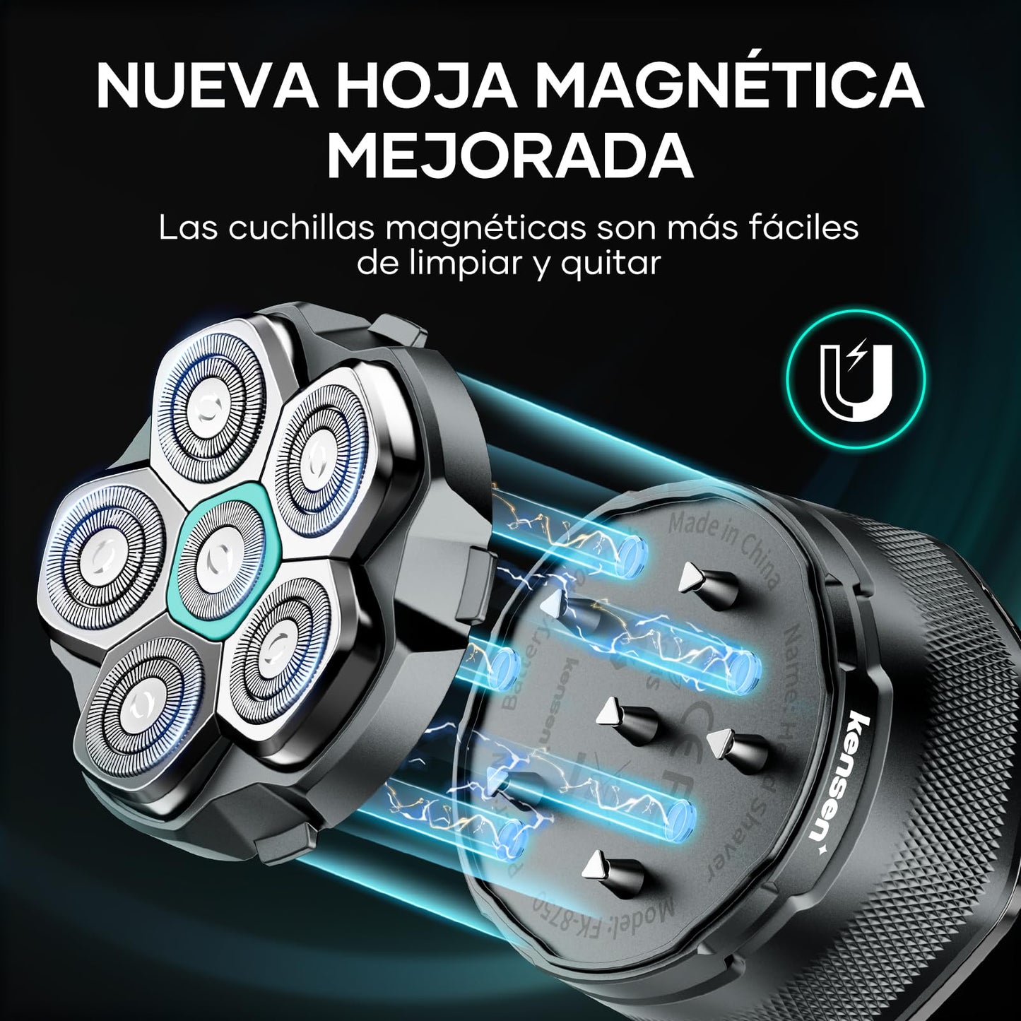 Afeitadora KENSEN IPX6 Negra 6D Cabezales Magnéticos para Hombre