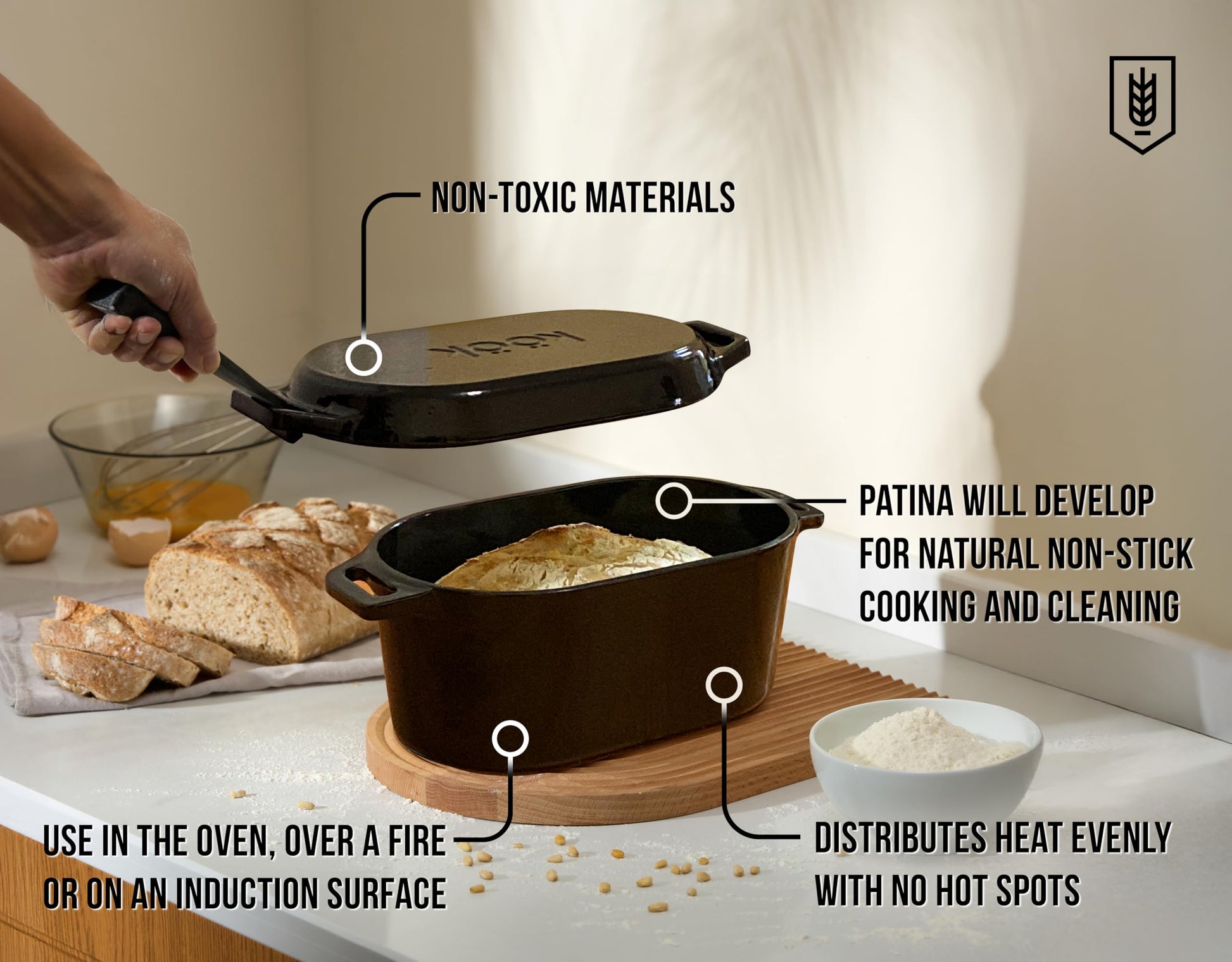 KooK - Horno holandés, para hornear pan, sartén de masa madre, con tapa, asas duales, hierro fundido esmaltado, incluye palanca de tapa, apto para lavaplatos, 3.4 cuartos de galón, negro