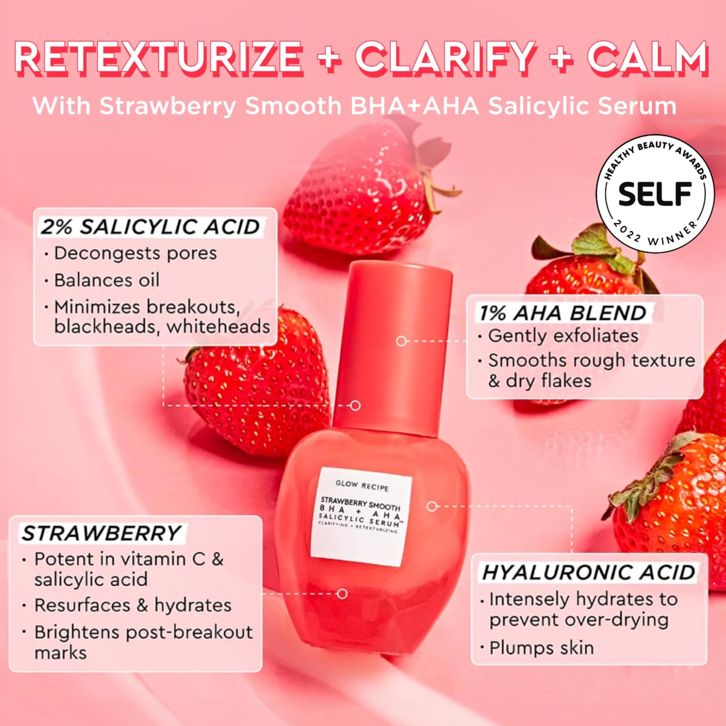 Glow Recipe Strawberry Smooth BHA + AHA Salicylic Acid Serum - Gentle Exfoliating Serum & Pore Minimizer Made with Mandelic, Azelaic Acid + Hyaluronic Acid - Clarifying & Calming Vegan Skincare (30ml)