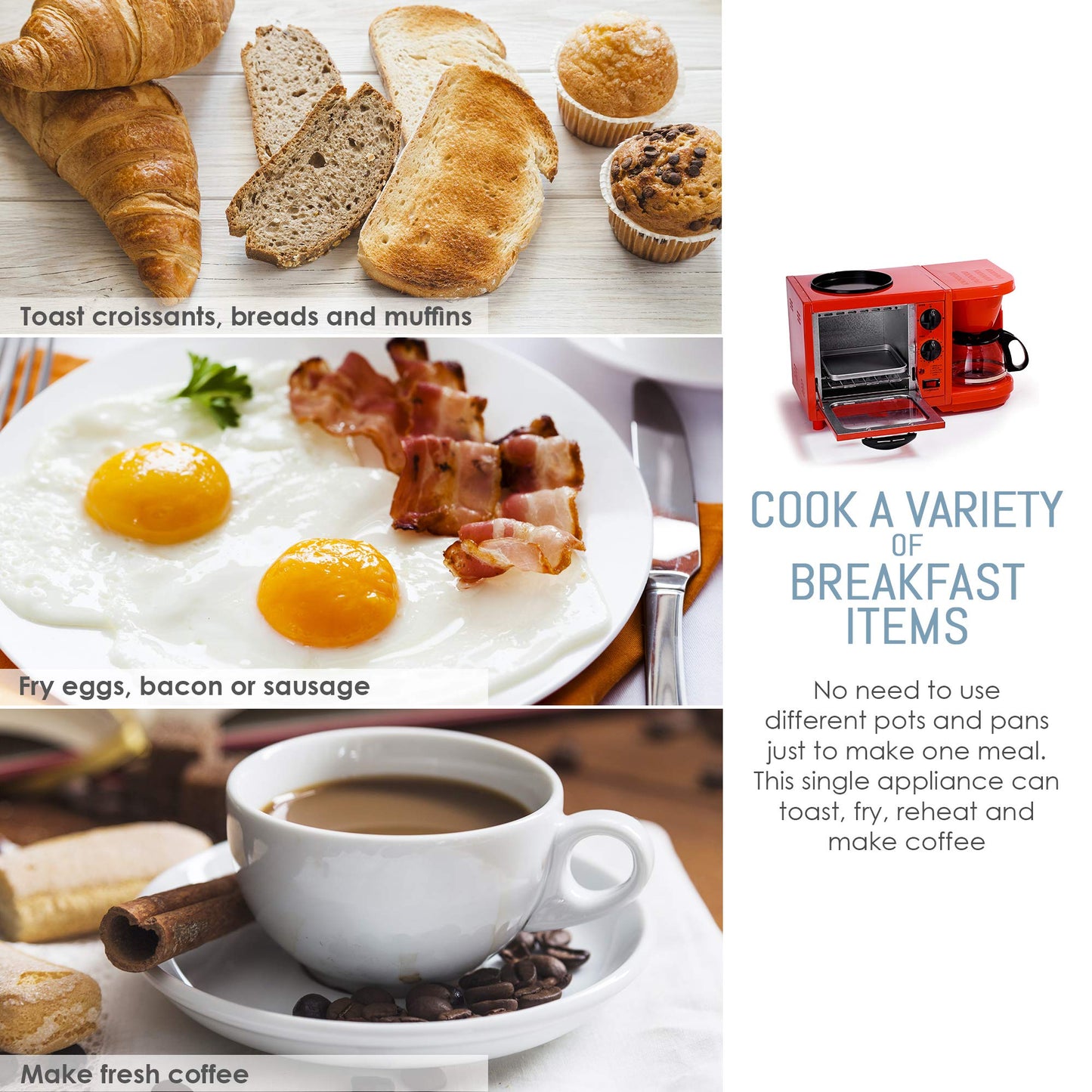 Elite Cuisine EBK-200R Maxi-Matic 3-in-1 Multifunction Breakfast Center, Red