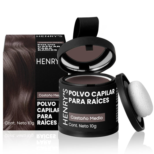 Henrys Polvo para Retocar Raíces Castaño Medio, Rellena Zonas Escasas, Define la Línea del Cabello y Cubre el Crecimiento de Raíces al Instante y en Cualquier Momento, Fibras Capilares Hairline Powder. Calvicie, Caida de Cabello o falta de Volumen para Mu