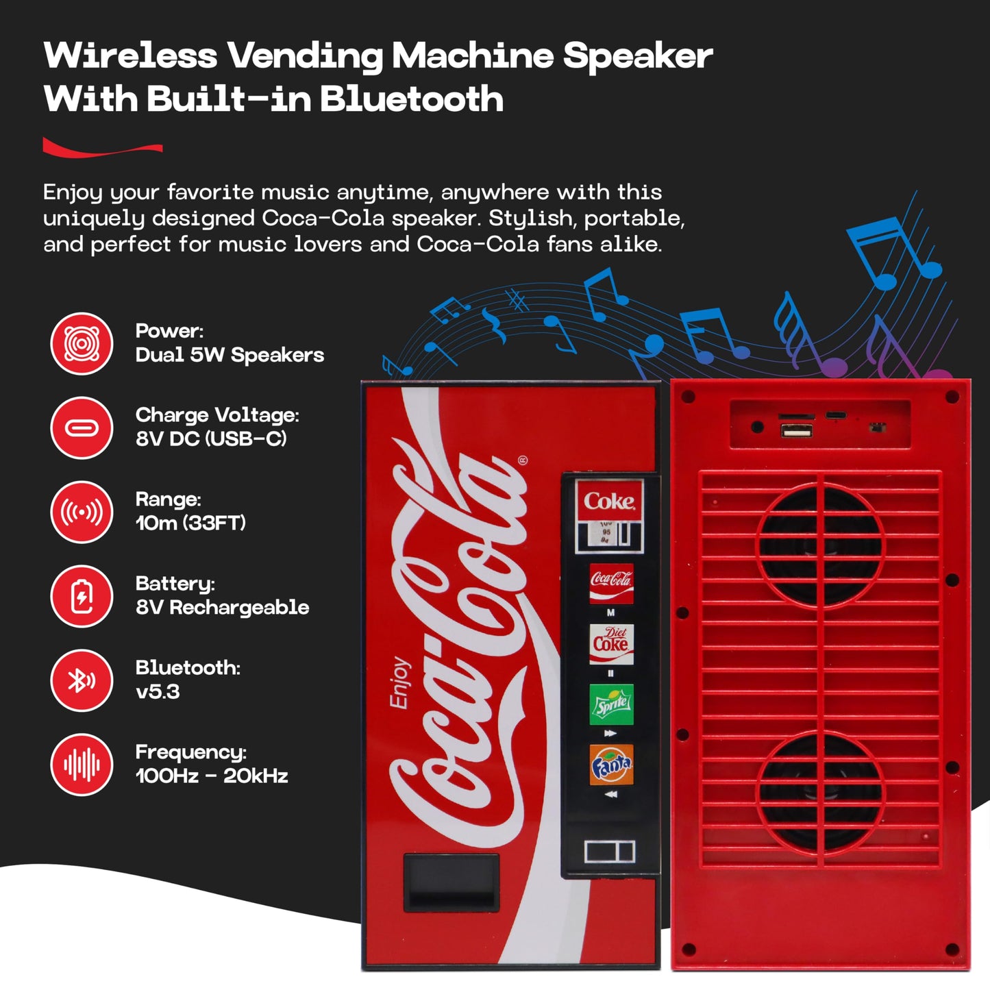 Coca-Cola - Bocina de máquina expendedora doble de 5 W, inalámbrica Bluetooth v5.3, con radio FM, reproducción USB/MicroSD, entrada AUX, alcance de 10 m, batería recargable, indicador LED, licencia