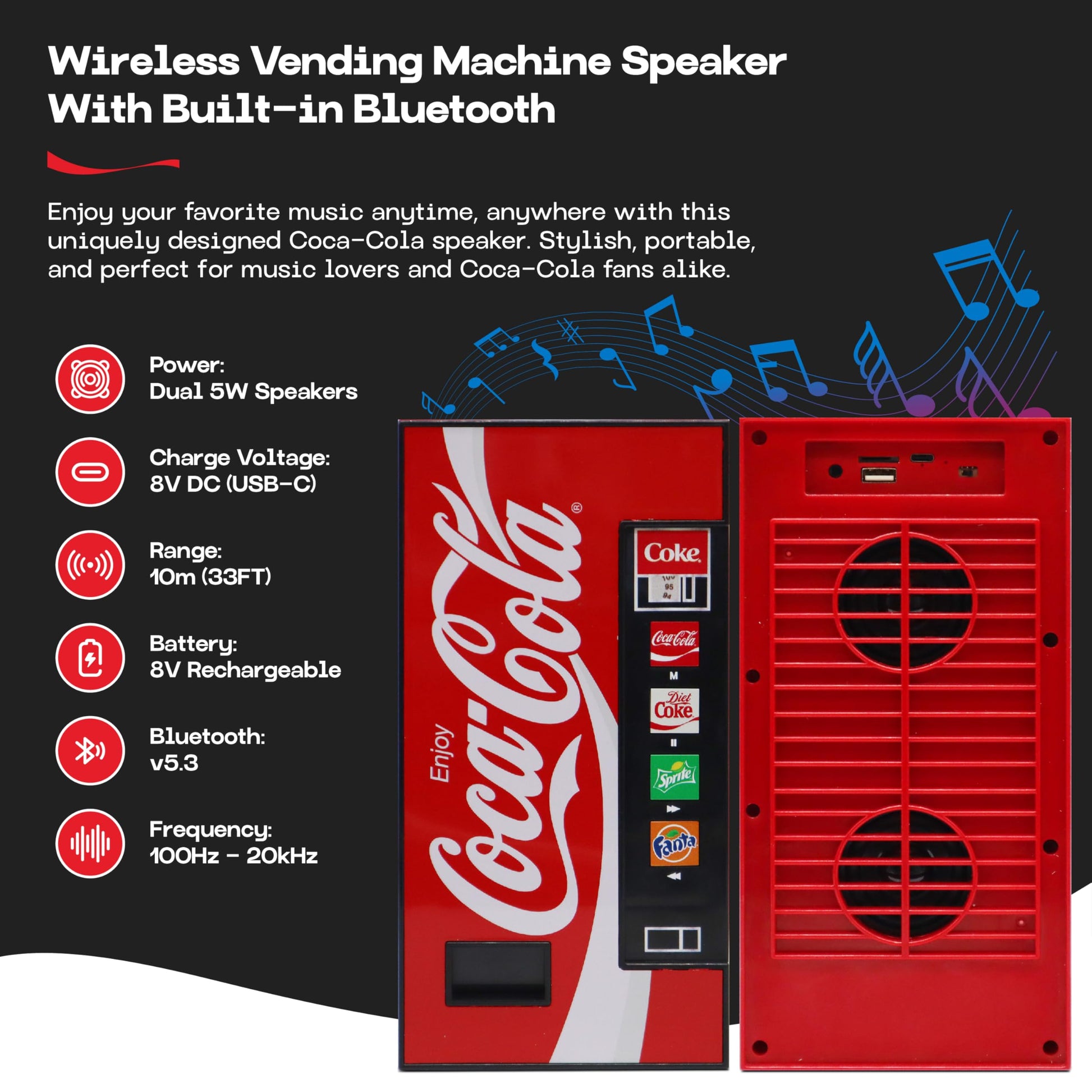 Coca-Cola - Bocina de máquina expendedora doble de 5 W, inalámbrica Bluetooth v5.3, con radio FM, reproducción USB/MicroSD, entrada AUX, alcance de 10 m, batería recargable, indicador LED, licencia
