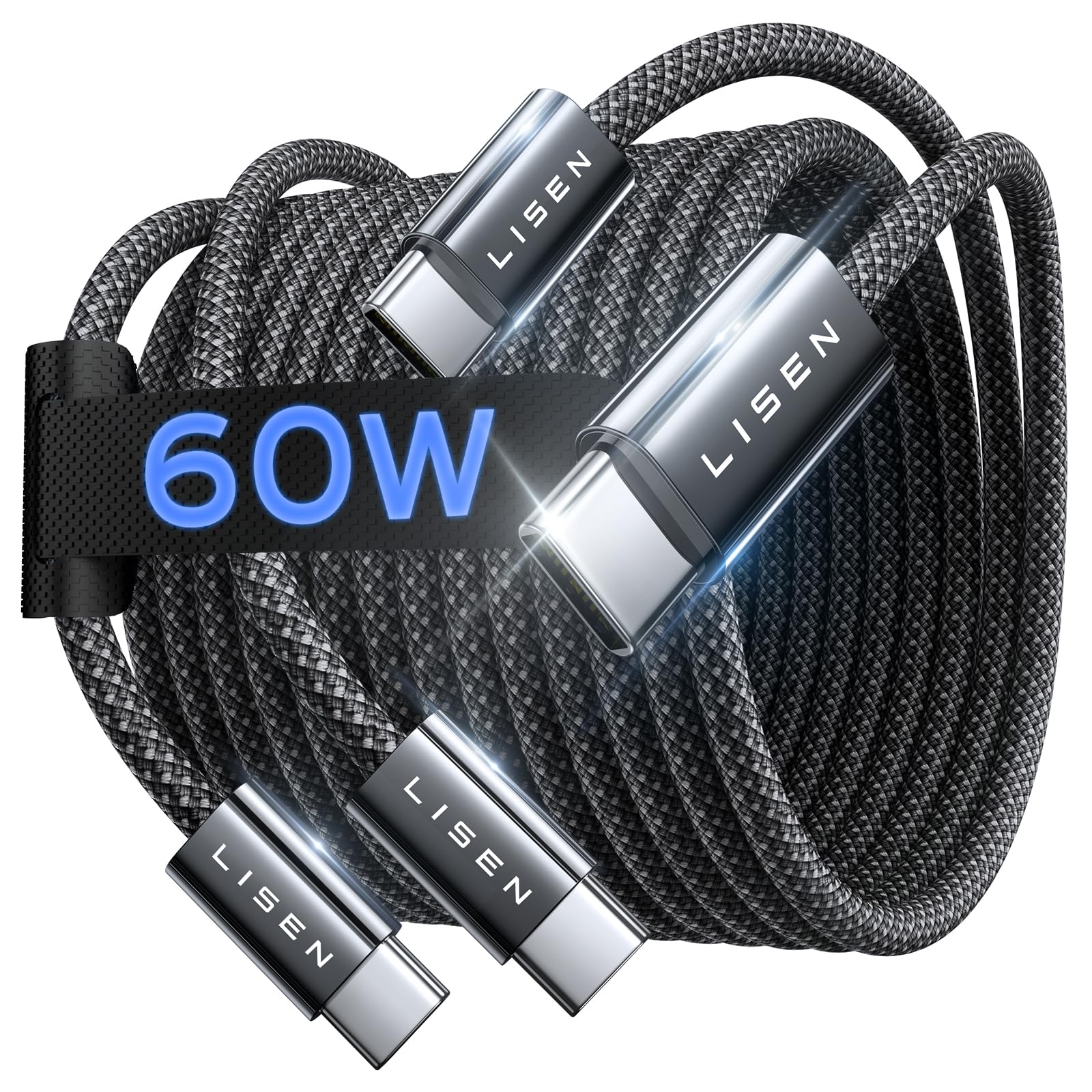 LISEN 60W Cable USB C a USB C 2 Unidades 2M, PD3.0 Carga Rápida 20V 3A, Portátil Nylon Trenzado Reemplazo Cable iPhone 16/15, Compatible con Switch 2, Galaxy S25 S24 S23 Ultra, iPhone 16 15, iPad