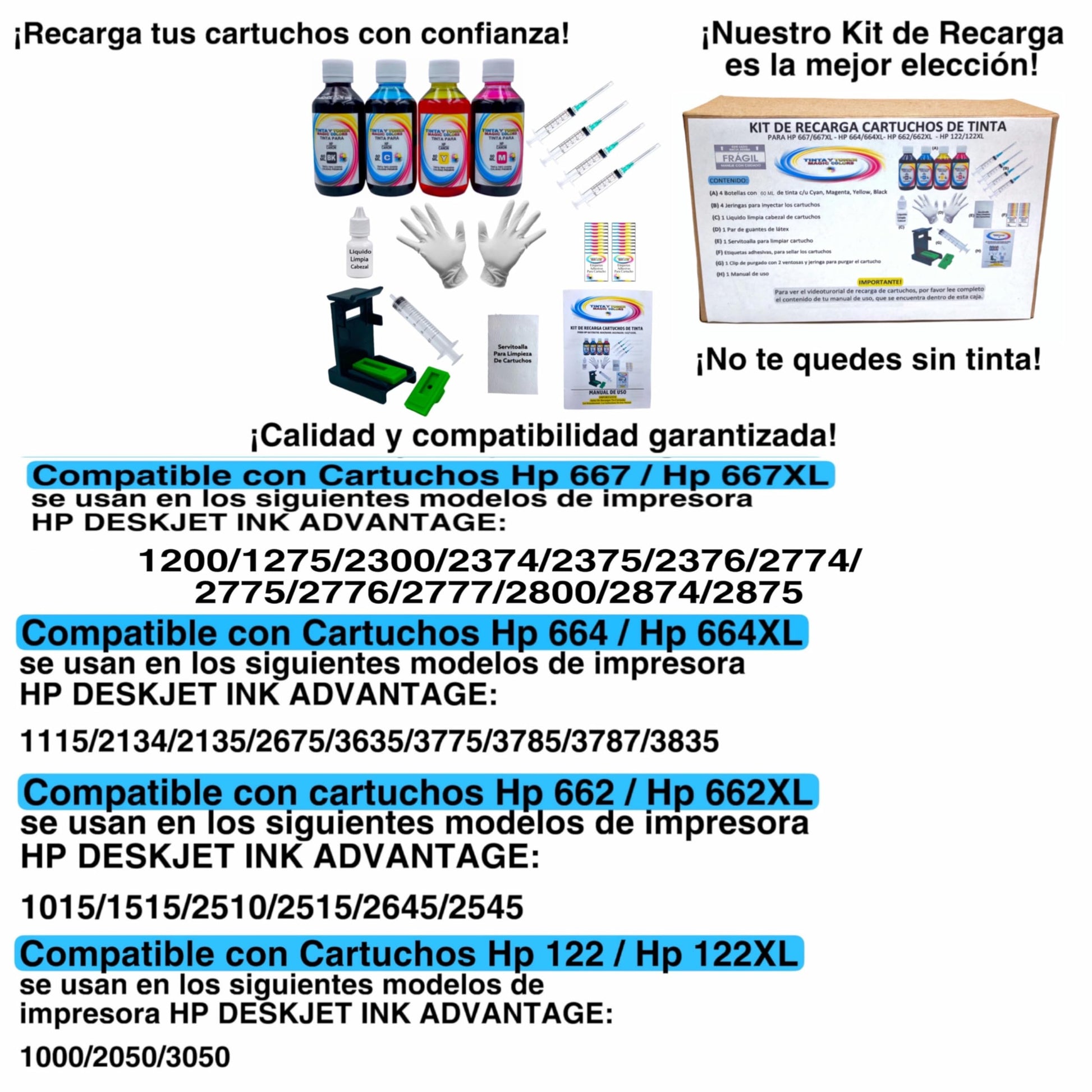 Genérico Kit Recarga de Tinta Compatible para Cartucho HP 667/664/662/122 Incluye 4 Botellas De Tinta Dye de 60ML c/u
