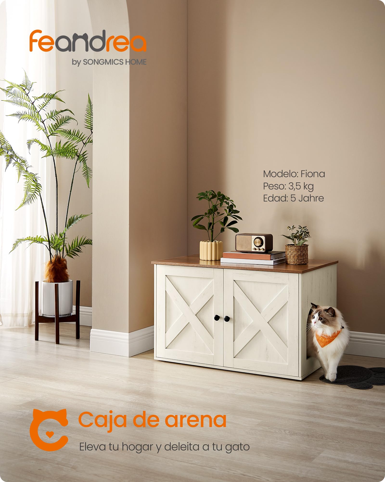 Feandrea Arenero para Gatos, Caja de Arena Oculta, con Separador Extraíble, 80 x 53 x 50 cm, Marrón Miel y Blanco Rústico MPCL002P01