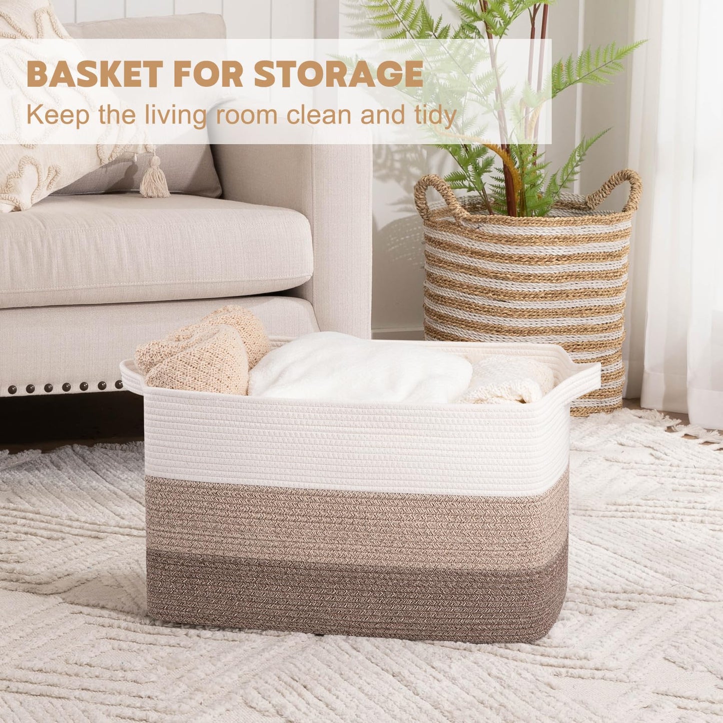 OIAHOMY - Cesta de manta extragrande, cuerda de algodón de 95 l, cesta de juguetes para habitación de bebé, cesta para almacenamiento de mantas en sala de estar, 24 x 17 x 14 pulgadas, café degradado