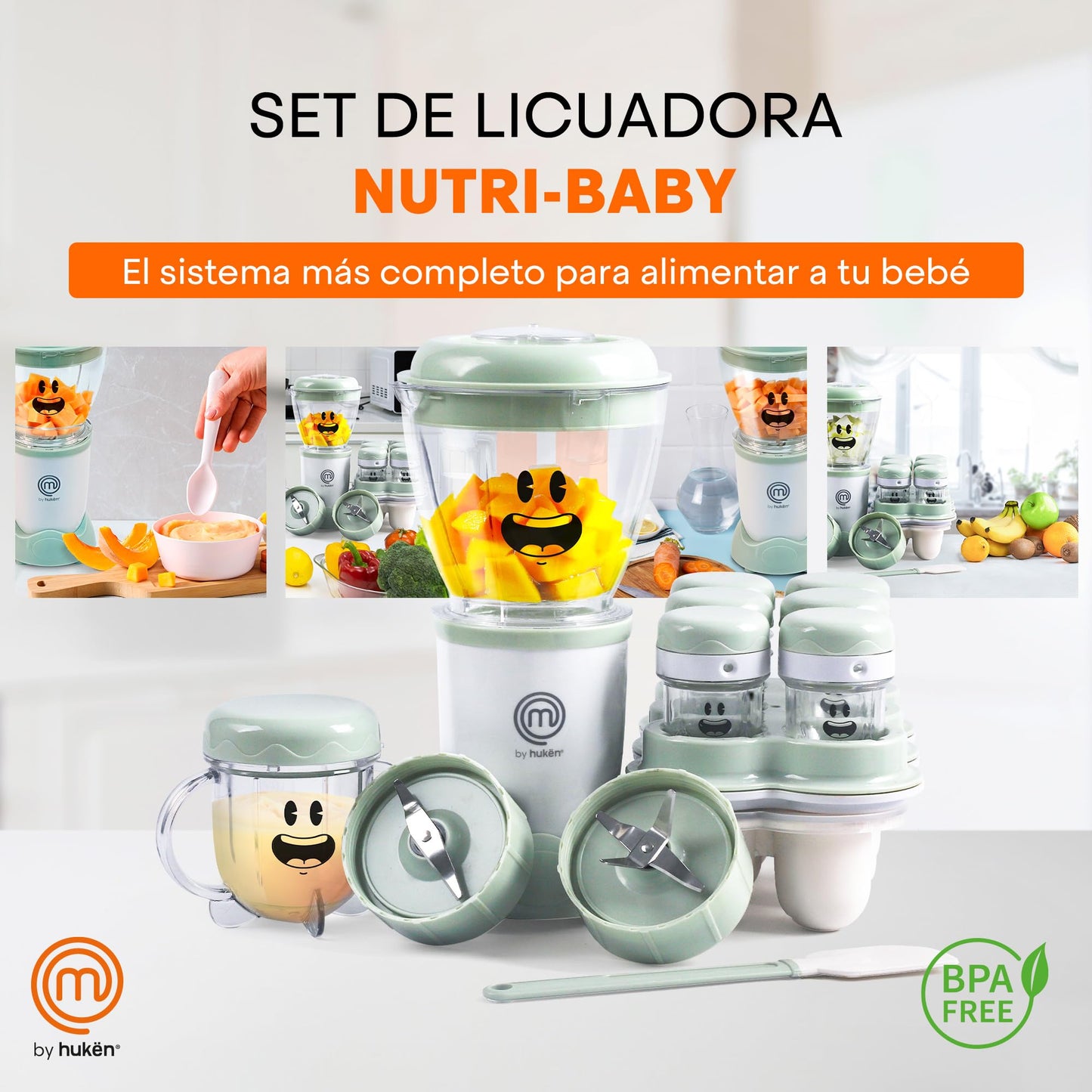 Hukën x MasterChef | Set de Licuadora Nutri-Baby | 2 Aspas para Papillas y Cereales | Vasos de 450 ml y 170 ml | 6 Contenedores con Fecha | Bandeja para Congelar