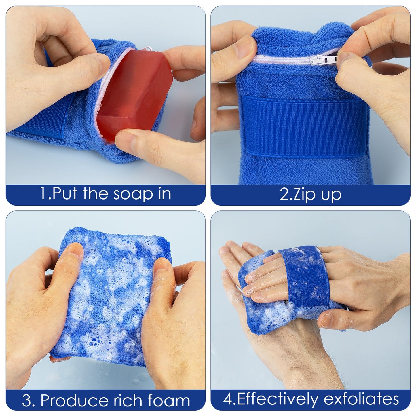Adorila- Bolsa de jabón de algodón de 4 piezas, para hacer espuma y secar el jabón, bolsa de jabón para ducha, estropajo para hombres y mujeres
