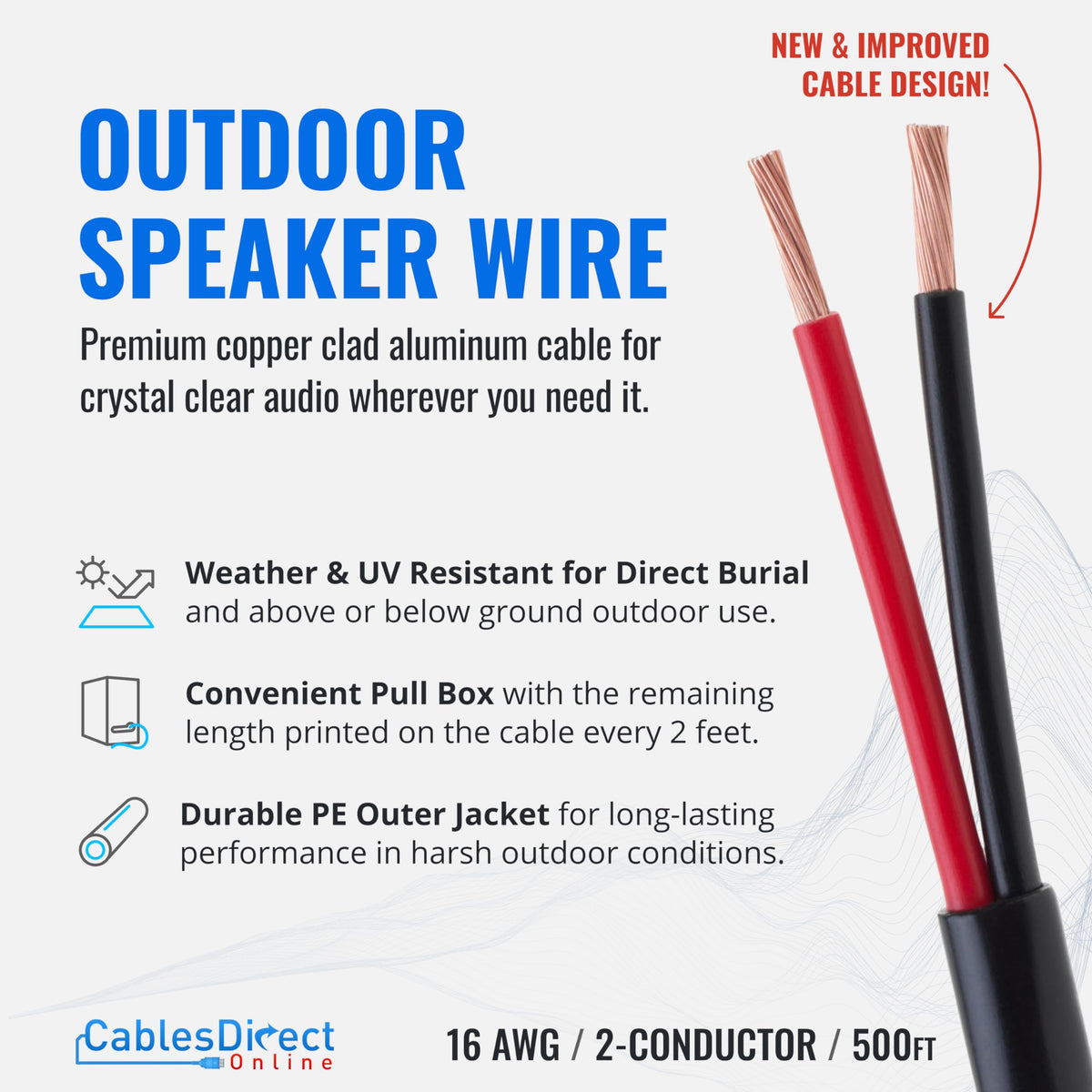 Cable de Altavoz Cables Direct Online Blanco 16AWG para Exteriores con 2 Conductores y CCA para Entierro Directo