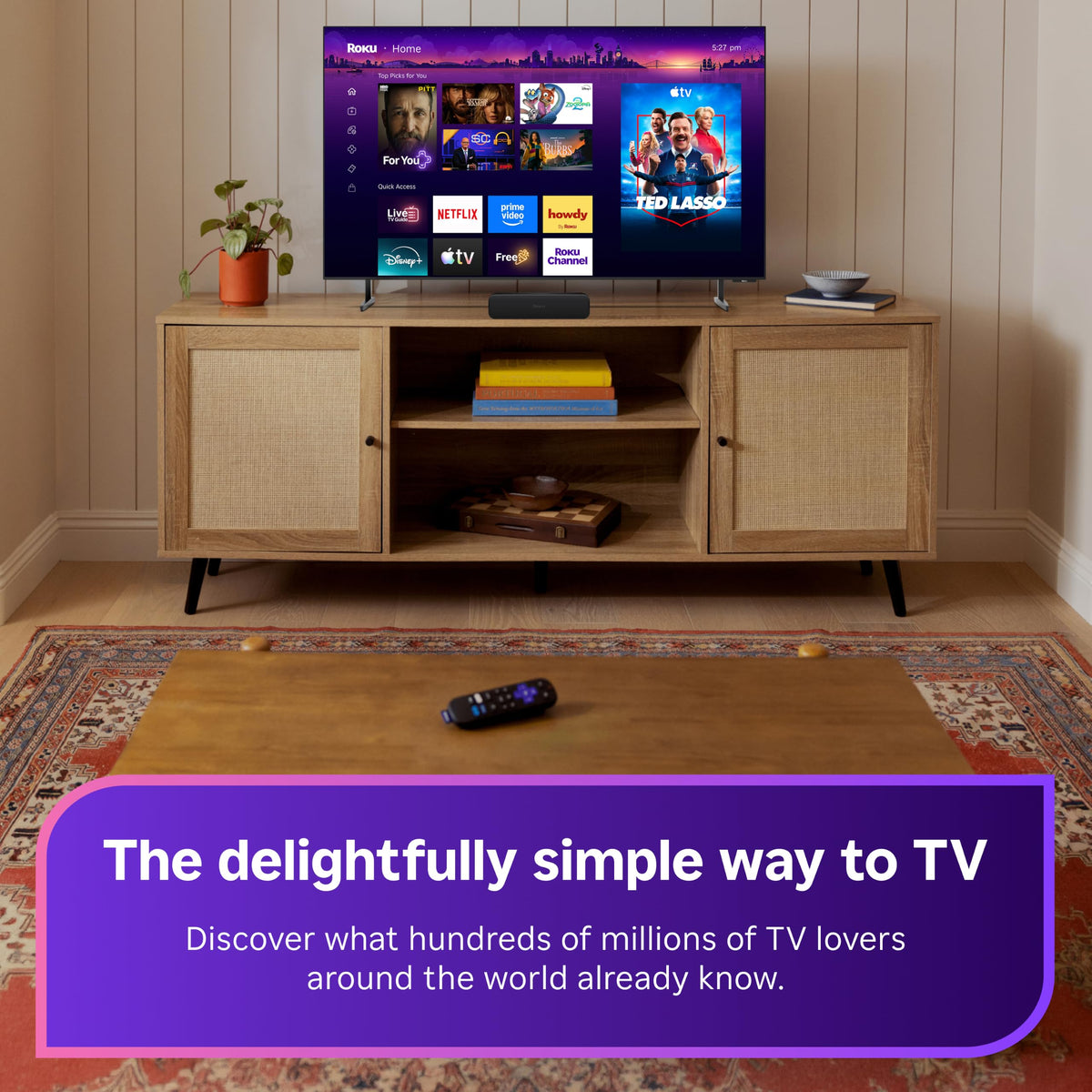 Barra de Sonido Roku Negra con Transmisión 4K HD HDR y Claridad de Voz Mejorada para TV