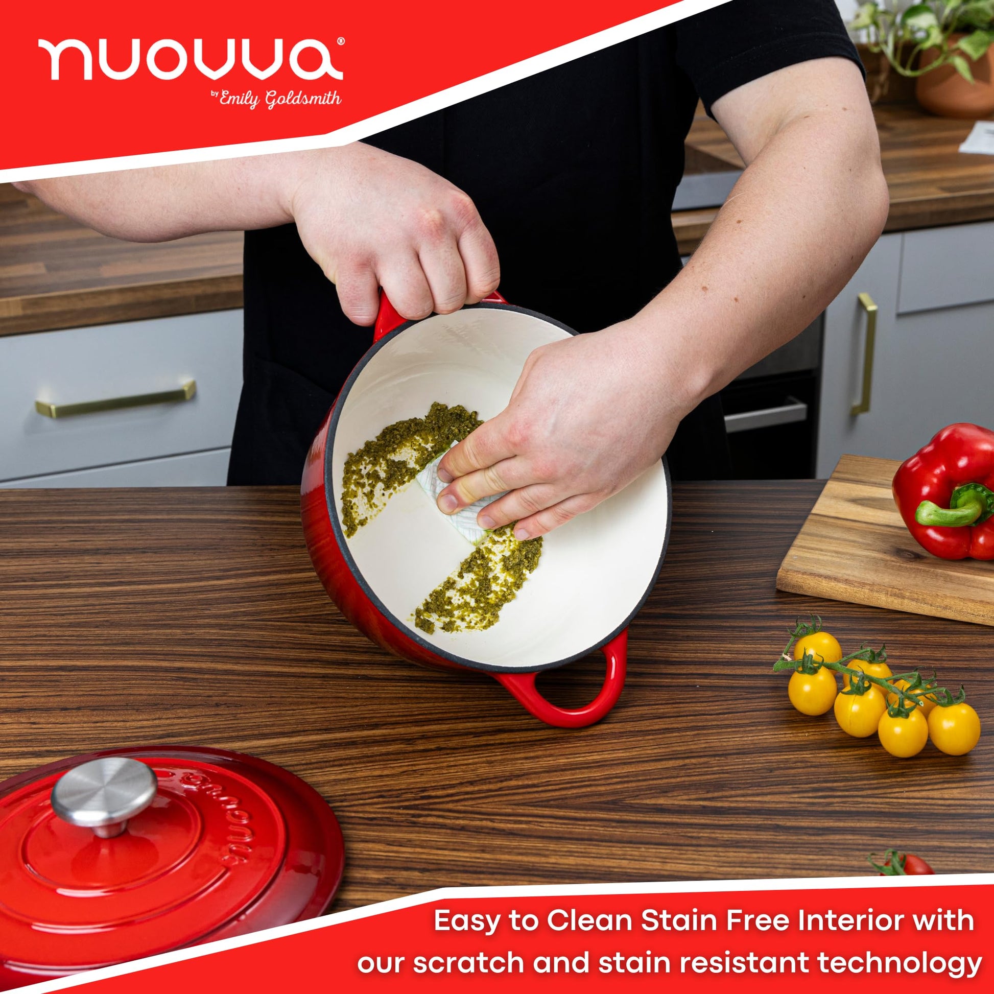 Nuovva - Horno holandés de hierro fundido con tapa - Cacerola esmaltada antiadherente - Utensilios de cocina resistente para horno holandés - Rojo, 3.1 cuartos de galón, 22 cm