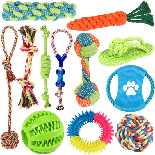 Jasonwell Juguetes para Perro 12 Piezas - Juguete Mordedera para Perro Masticar Cuerda Pelota para Cachorros Juego de Juguetes para Perros Ansiosos Juguete Interactivo para Perros Pequeños Grandes