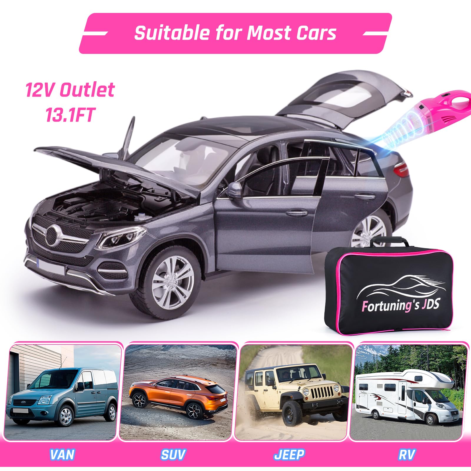 Kit de 35 piezas para limpieza de interiores de coche con aspiradora de mano de alta potencia, kit de lavado con cepillos, accesorios color rosa para motocicletas, regalos para mujeres