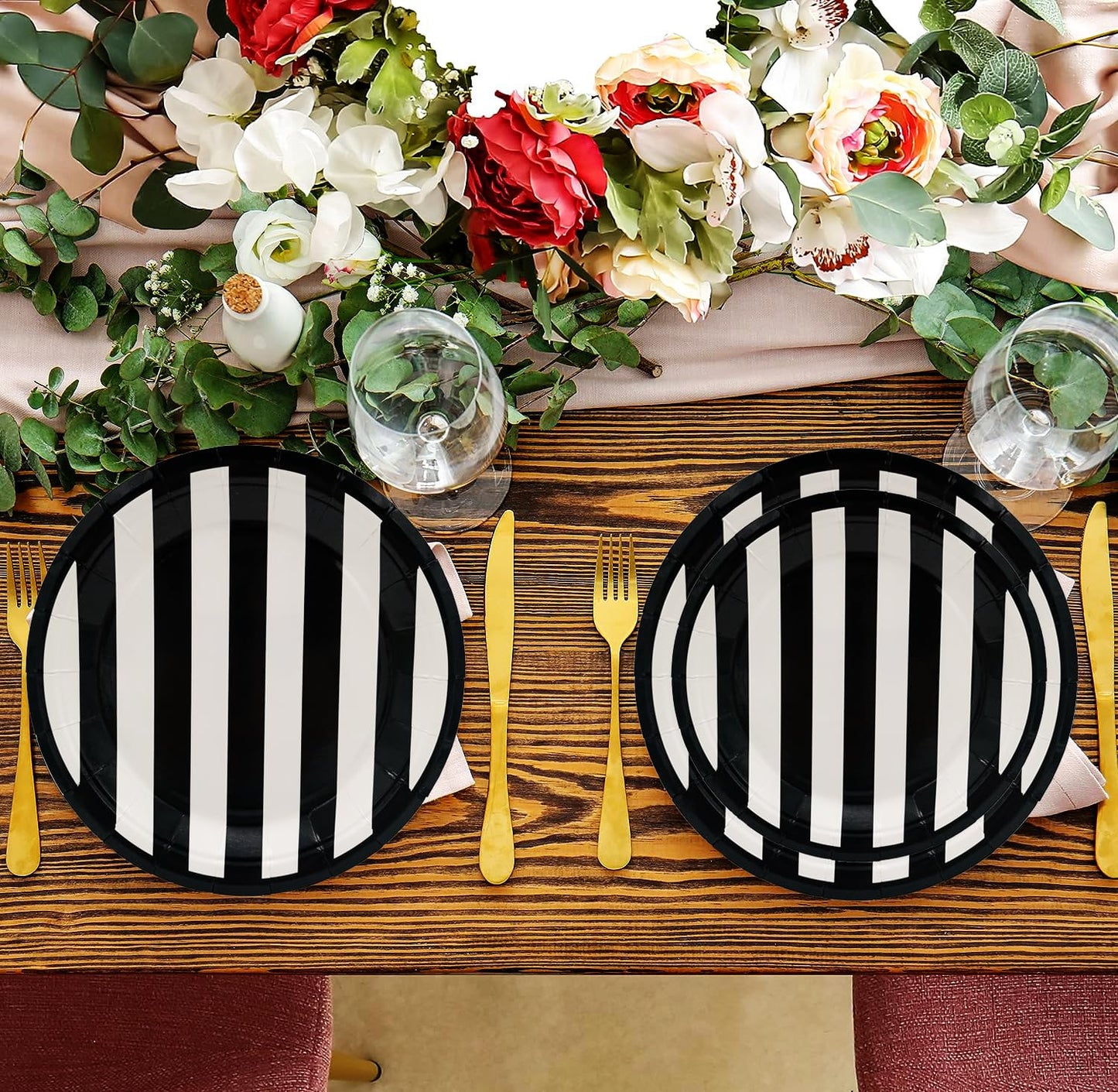 Suministros de Fiesta Serve25 Blanco y Negro Platos de Papel Rayados 175 Piezas