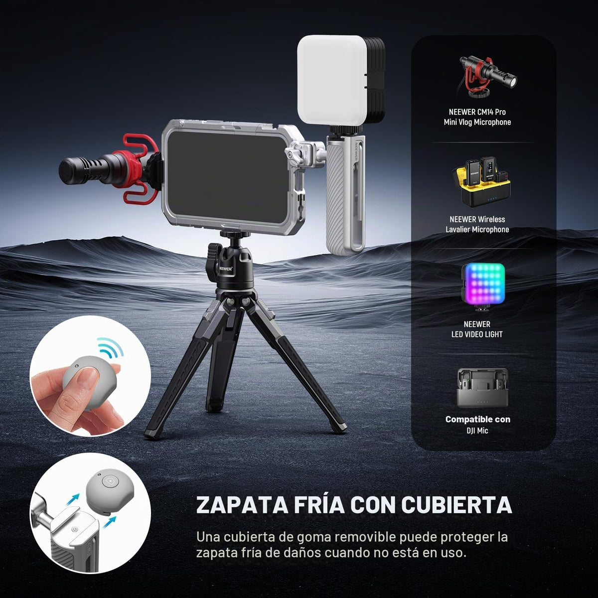 Mango Lateral NEEWER Plateado Gris con Obturador Bluetooth Desmontable y Rotación 360 Grados Compatible con iPhone 16 Pro 16 Pro MAX S25 Ultra