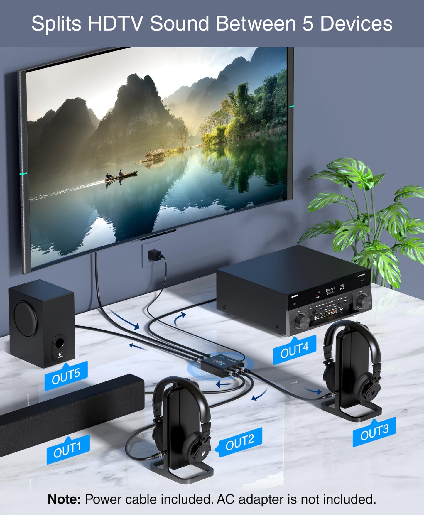 BlueRigger - Divisor de audio óptico digital 1x5 (divisor activo Toslink 1 en 5 salidas, SPDIF, adaptador de audio de fibra óptica) - para cine en casa, Xbox, PS4, DVD, reproductor de CD, receptor