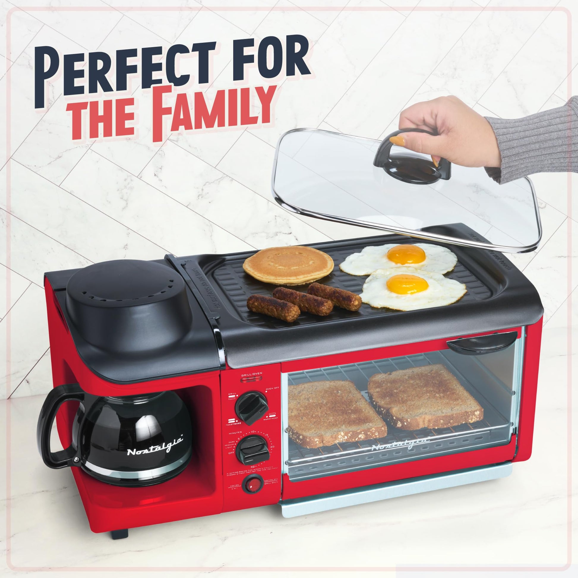 NOSTALGIA BST3RR Retro 3-in-1 Family Size Breakfast Station, Red