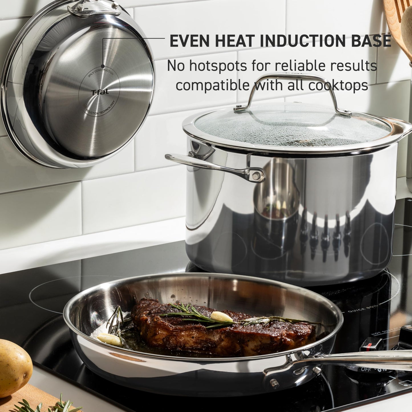 T-fal Pro - Horno holandés de acero inoxidable de tres capas con tapa, 6 cuartos de galón, compatible con inducción, apto para horno 500F, tapa 350F, utensilios de cocina, calor rápido y uniforme