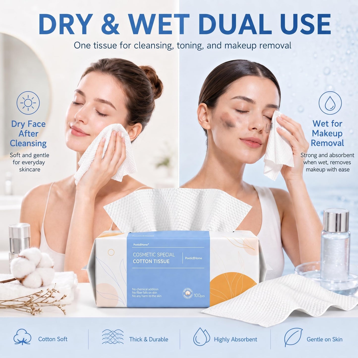 PoeticEHome Toallita suave y seca, 100% algodón, toalla facial desechable, sin pelusas, uso húmedo en seco para piel sensible, limpieza facial, eliminación de maquillaje, limpieza de superficies (300 unidades)