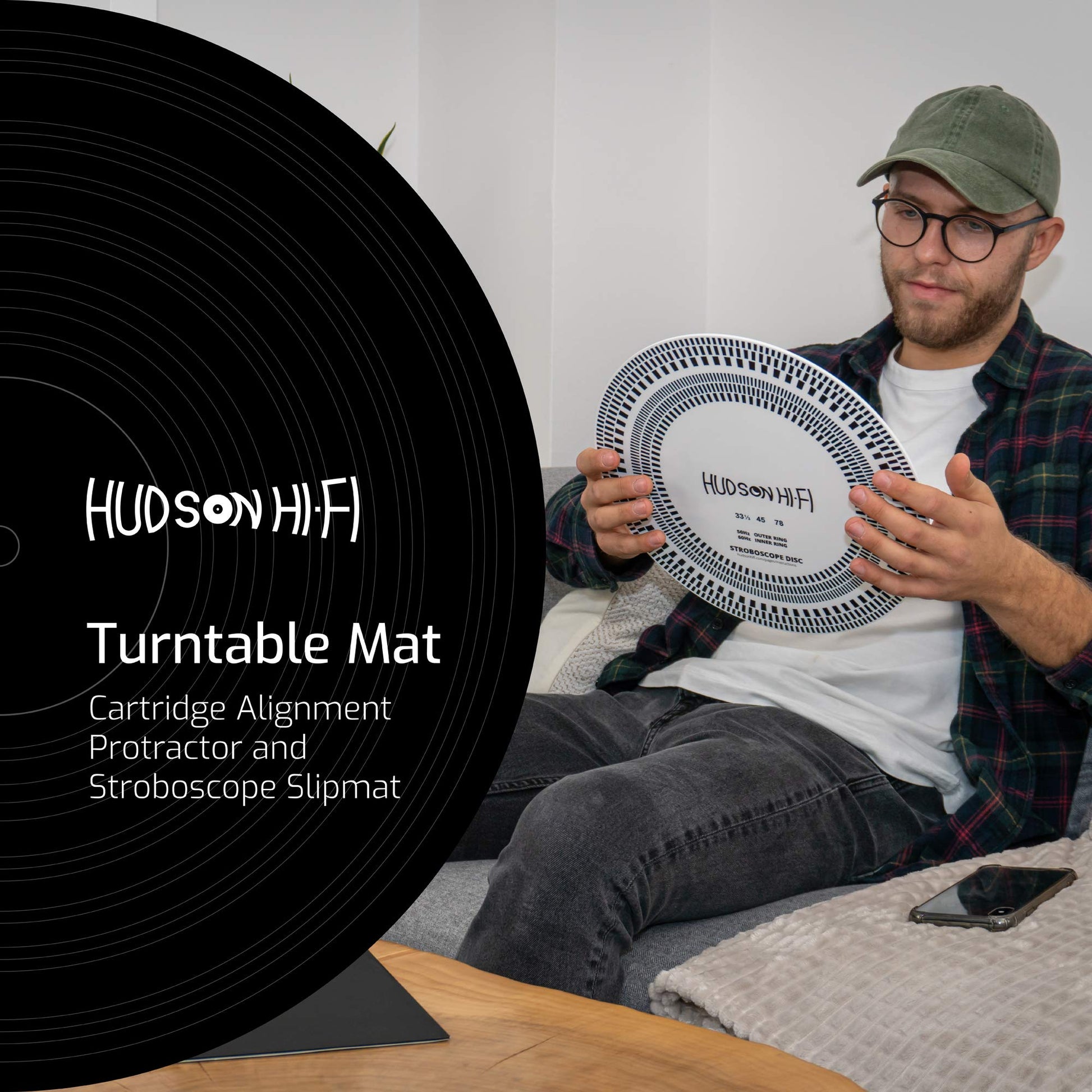Hudson Hi-Fi - Mat Strobe Mat for Turntable - Testing 33-1-3 RPM, 45 RPM - Cartridge and Needle Alignment Conveyor Tool Mat on Hi-Fi LP Vinyl Players - Two Sides