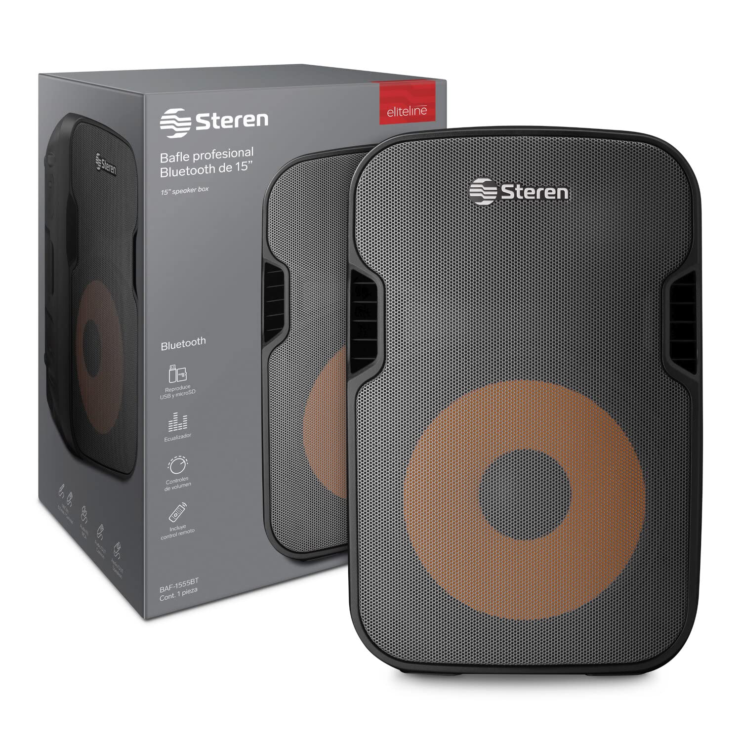 STEREN BAF-1555BT Bafle 15" 3000 W PMPO Bluetooth woofer y Tweeter, MP3 por microSD o USB, Entrada AUX RCA, 6,3 mm para Mic, Crossover, Salida Speakon, Ruedas y agarraderas, Orificio para Pedestal