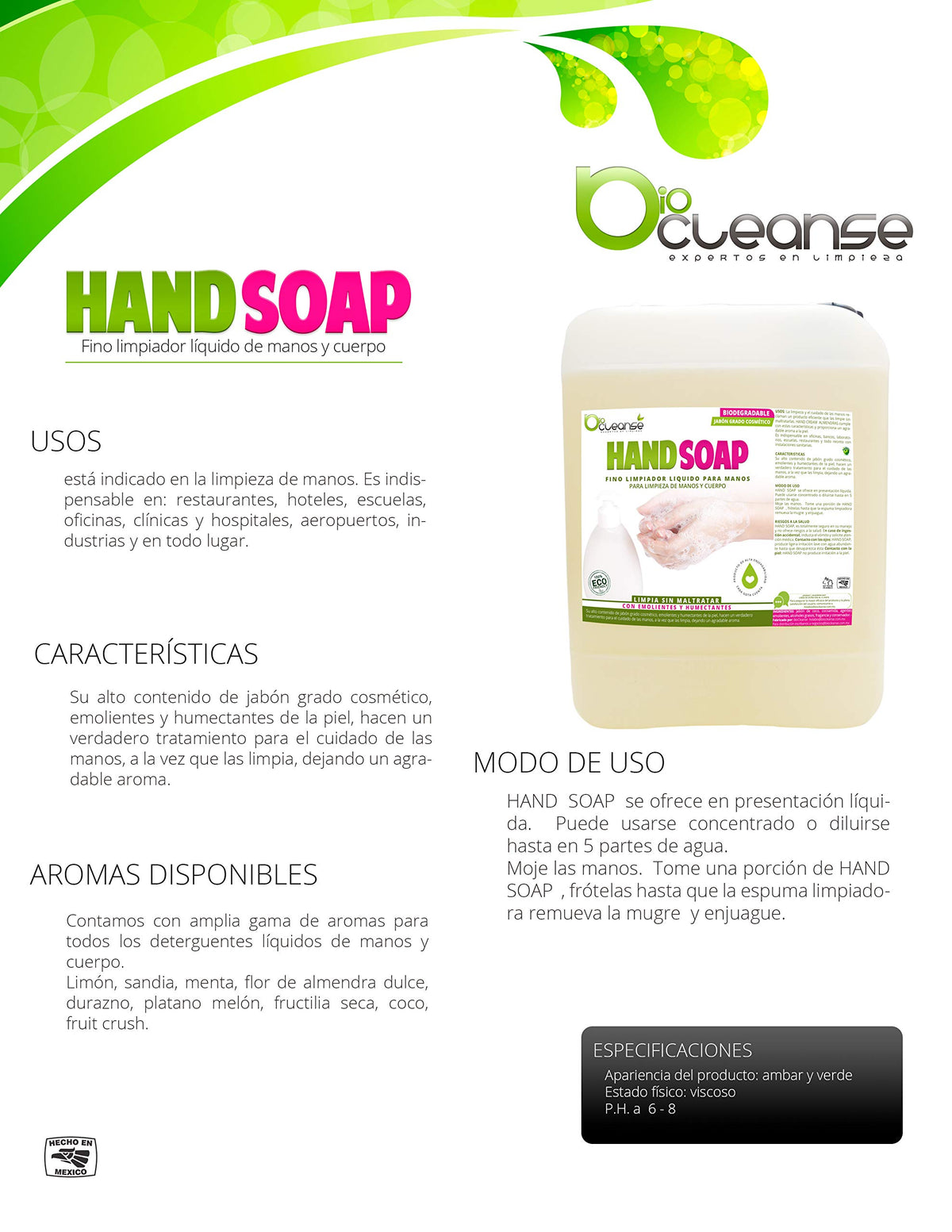 HAND SOAP 20 Lts | Jabón Líquido de Manos Biodegradable Sin Parabenos Fosfatos y Colorantes Jabón Grado Cosmético con Emolientes y humectantes con Aceite Esencial de Germen de Trigo