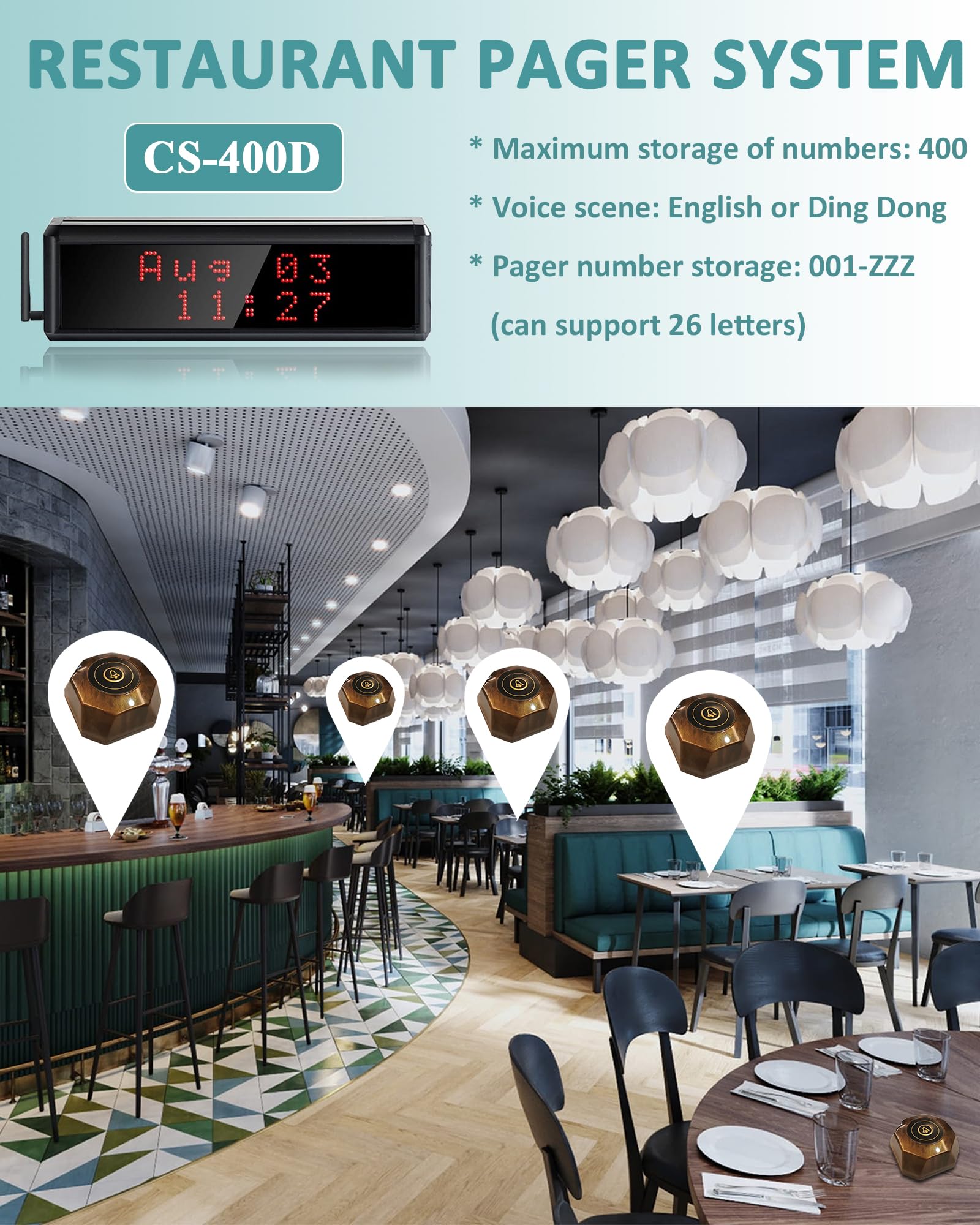 Restaurant Pager System 1600+ pies sistema de llamadas inalámbricas con 1 visualización de visualización/1 control remoto/15 botones de llamada para servicio al cliente de restaurante (400D + X1-15)