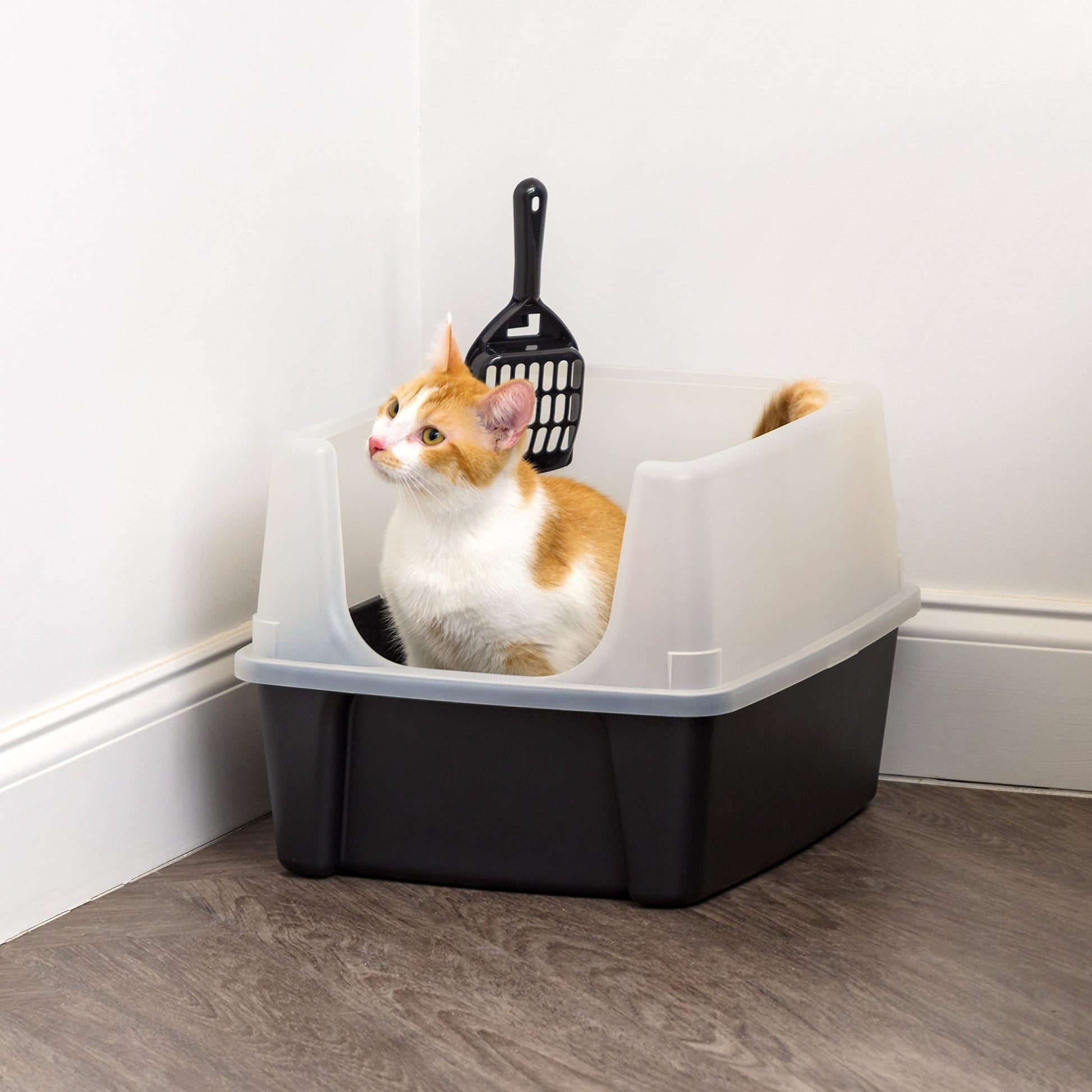 IRIS USA Caja de Arena para Gatos Grande con Escudo Anti-Salpicaduras y Paleta, Pan de Arena para Gatos de Bordes Altos y Abierto en la Parte Superior, Negro