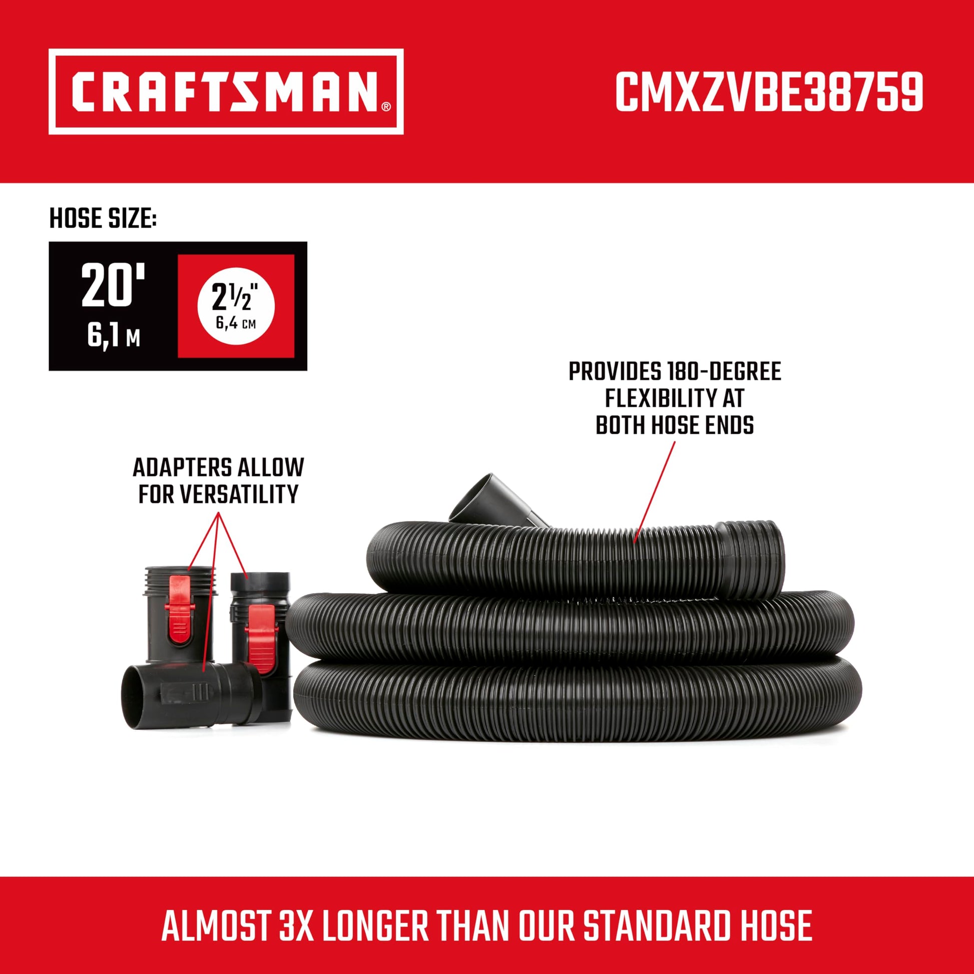 CRAFTSMAN CMXZVBE38759 2-1/2 pulgadas x 20 pies POS-I-LOCK Kit de manguera de aspiradora húmeda/seca para aspiradoras de tienda