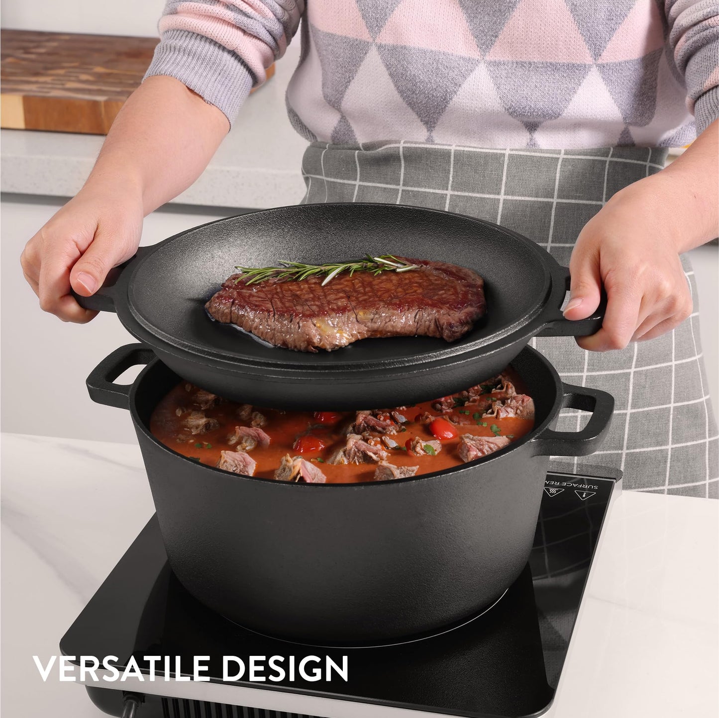 Navaris Sarten Hierro Fundido con Tapa - Sartén Holandesa con 2 Asas - Apta para Cualquier Cocina y Horno - Sartén sazonada 32 cm de 4,7 l de Capacidad - con Manual y Recetas