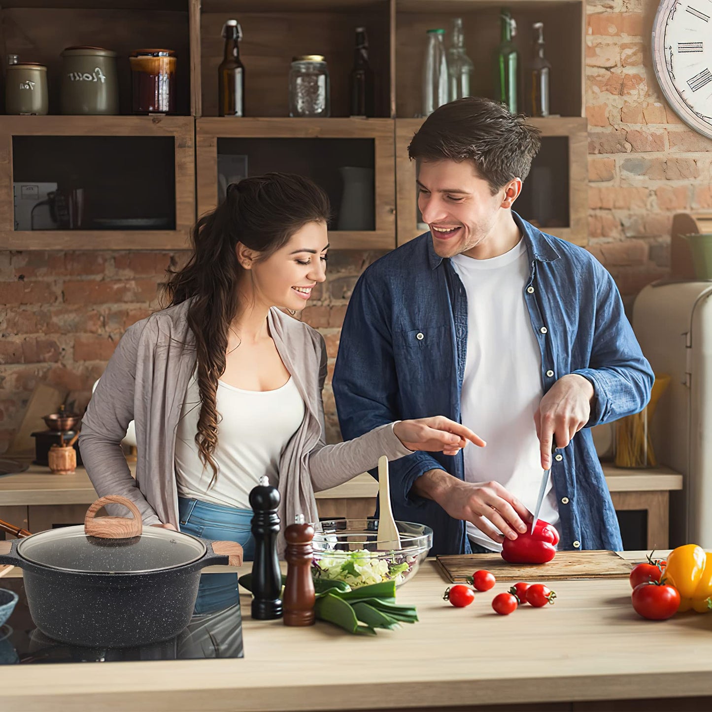JEETEE Juego de ollas y sartenes de cocina antiadherentes, con revestimiento de granito de inducción, juegos de utensilios de cocina con sartén, cacerola, sartén, sartén, sin PFOA