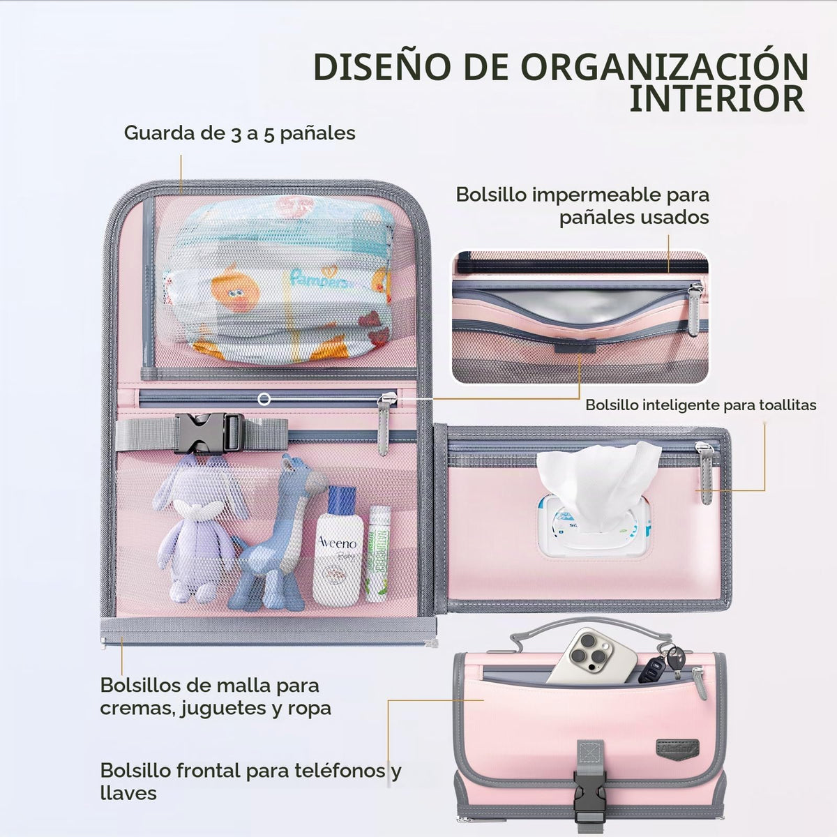 Cambiador portátil de pañales con correa para el hombro, cambiador de viaje desmontable con bolsillo para toallitas para bebé, regalos para baby shower, niñas recién nacidas y niños (rosa)