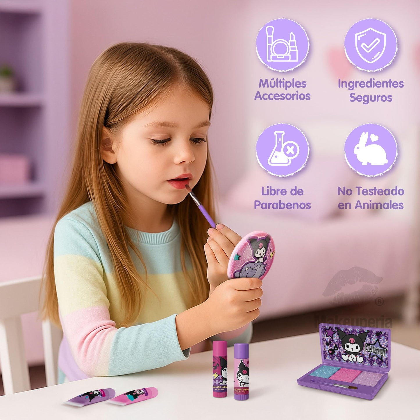 MAKEUPERIA Maquillaje para Niñas de Kuromi, Set de Maquillaje Infantil Lavable con Bálsamos, Brillos, Paleta con Brocha, Clips, Espejo y Bolsa de PVC, Regalo Seguro y Adorable