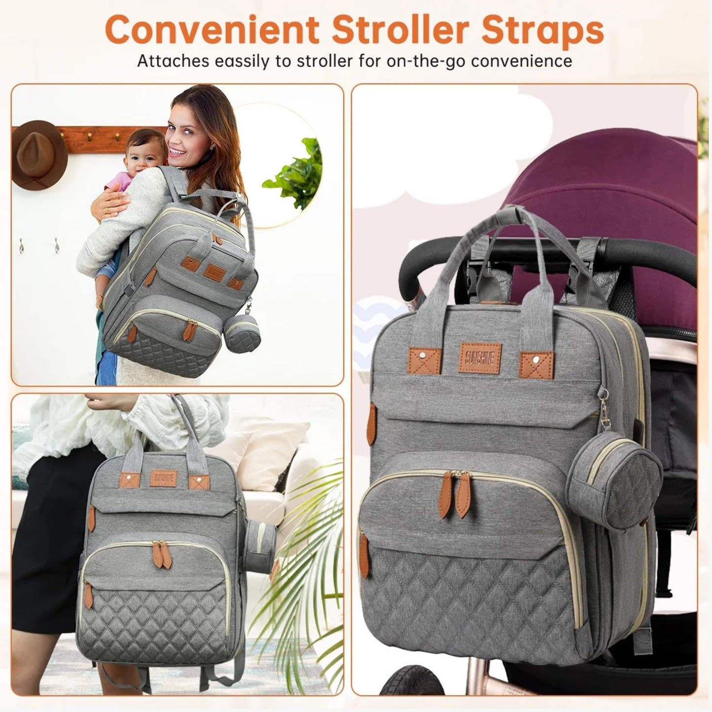 Koskids - Mochila para pañales Bolsa grande para pañales de viaje. Bolsa de pañales impermeable multifuncional con cambiador, puerto USB, correas de carriola y estuche para chupete, Gris, Large,