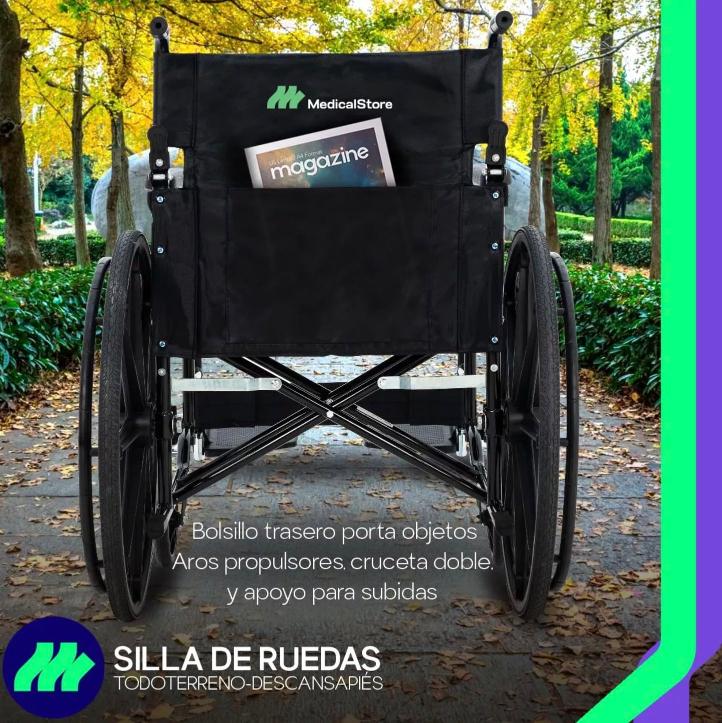 Silla De Ruedas Medical Store Negra Todo Terreno Plegable Con Freno De Mano Adulto Mayor
