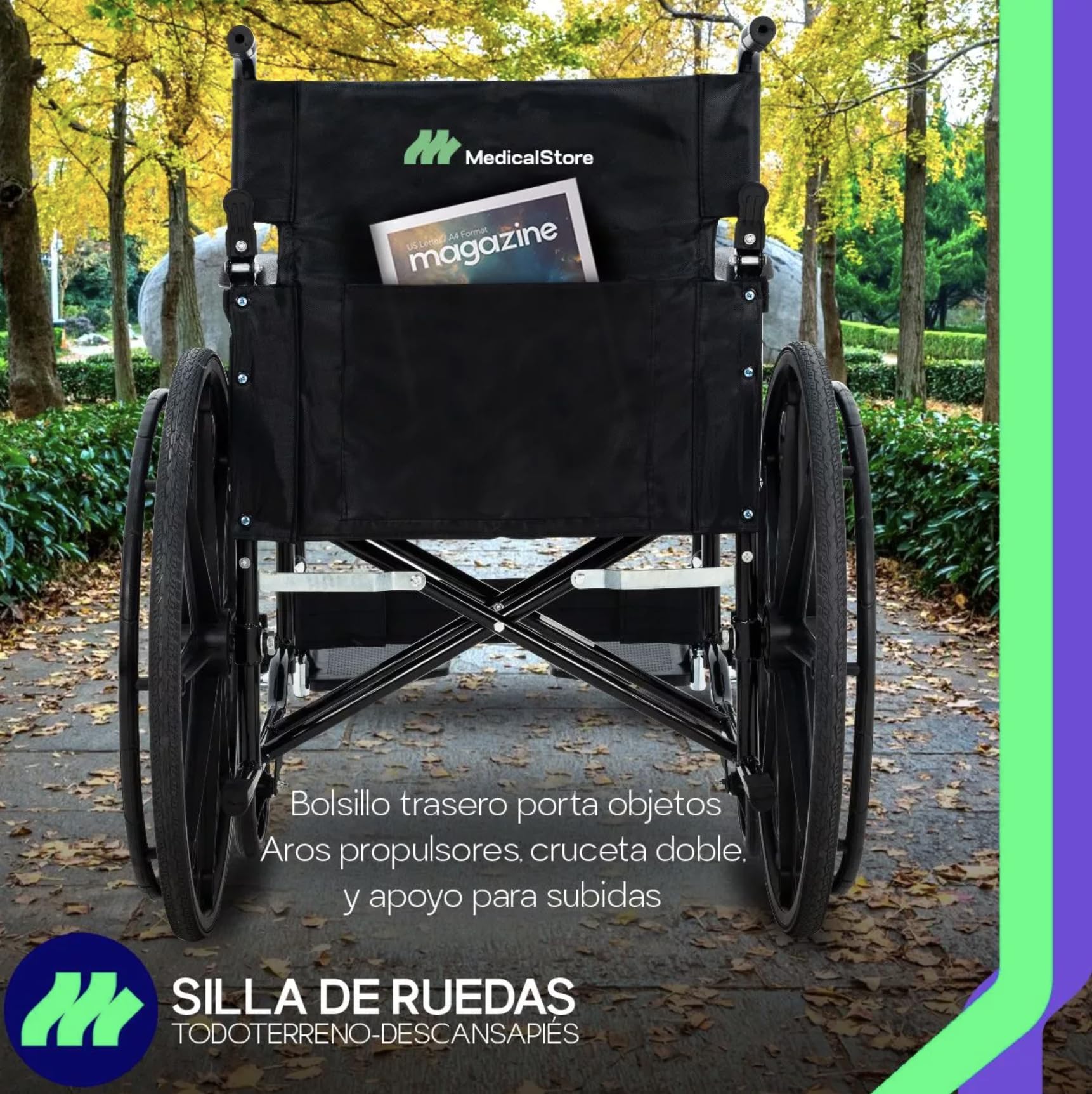 Silla De Ruedas Medical Store Negra Todo Terreno Plegable Con Freno De Mano Adulto Mayor