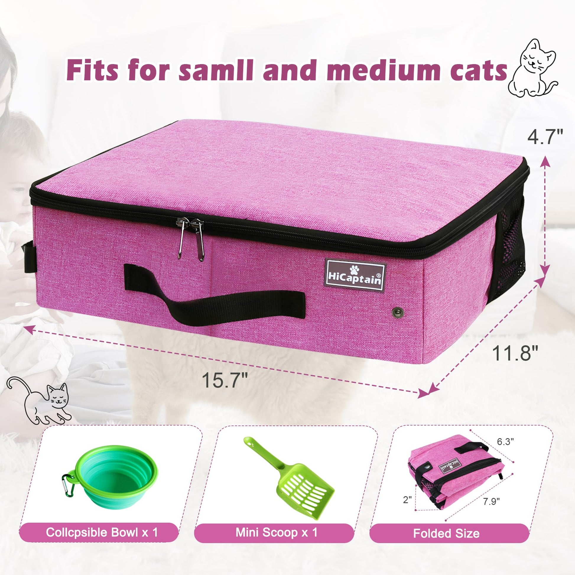 HiCaptain - Caja de arena portátil para gatos con tapa, caja de arena de viaje plegable en coche diseñada para gatos medianos, peso ligero a prueba de fugas, impermeable, fácil de llevar, color rosa