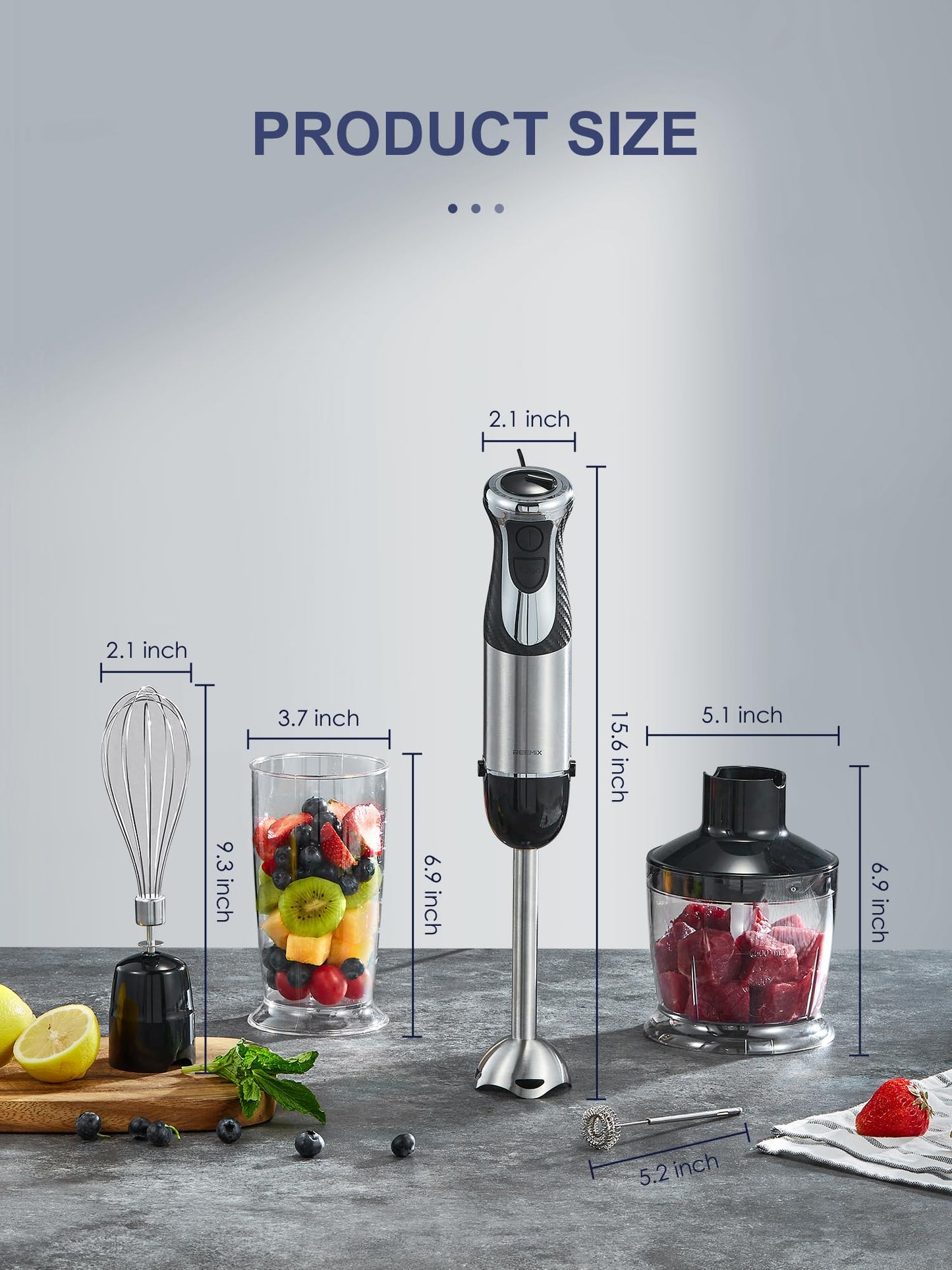 Licuadora de inmersión manual 5 en 1, de mano de 1000 W, con motor de cobre, barra de hoja de acero inoxidable, vaso de mezcla, procesador de alimentos, batidor, espumador de leche para batidos, puré