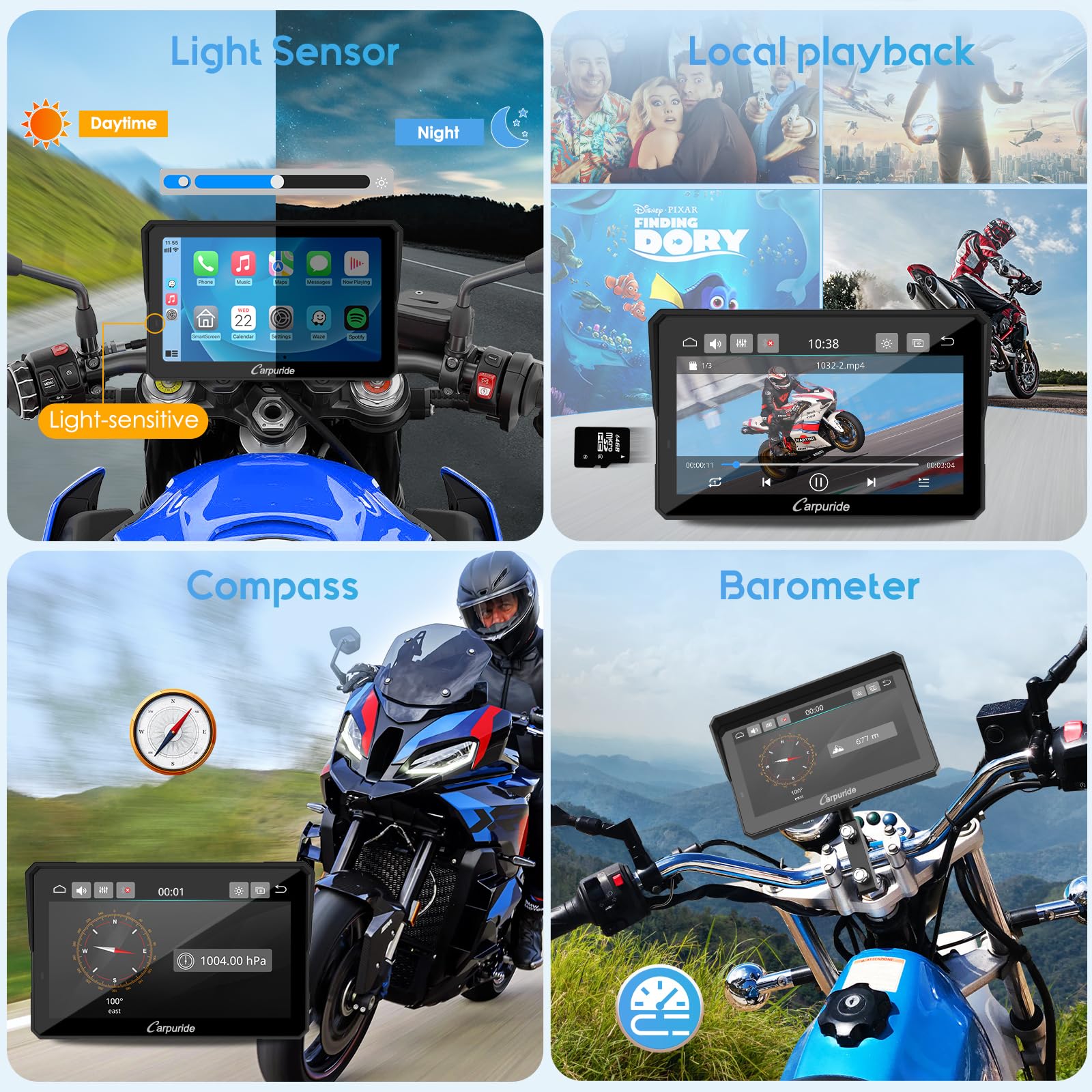 Carpuride W702PRO - visualización de navegación GPS impermeable de 7 pulgadas para motocicleta, intercambio de música, intercomunicador, ecualizador, sensor de luz, brújula, barómetro