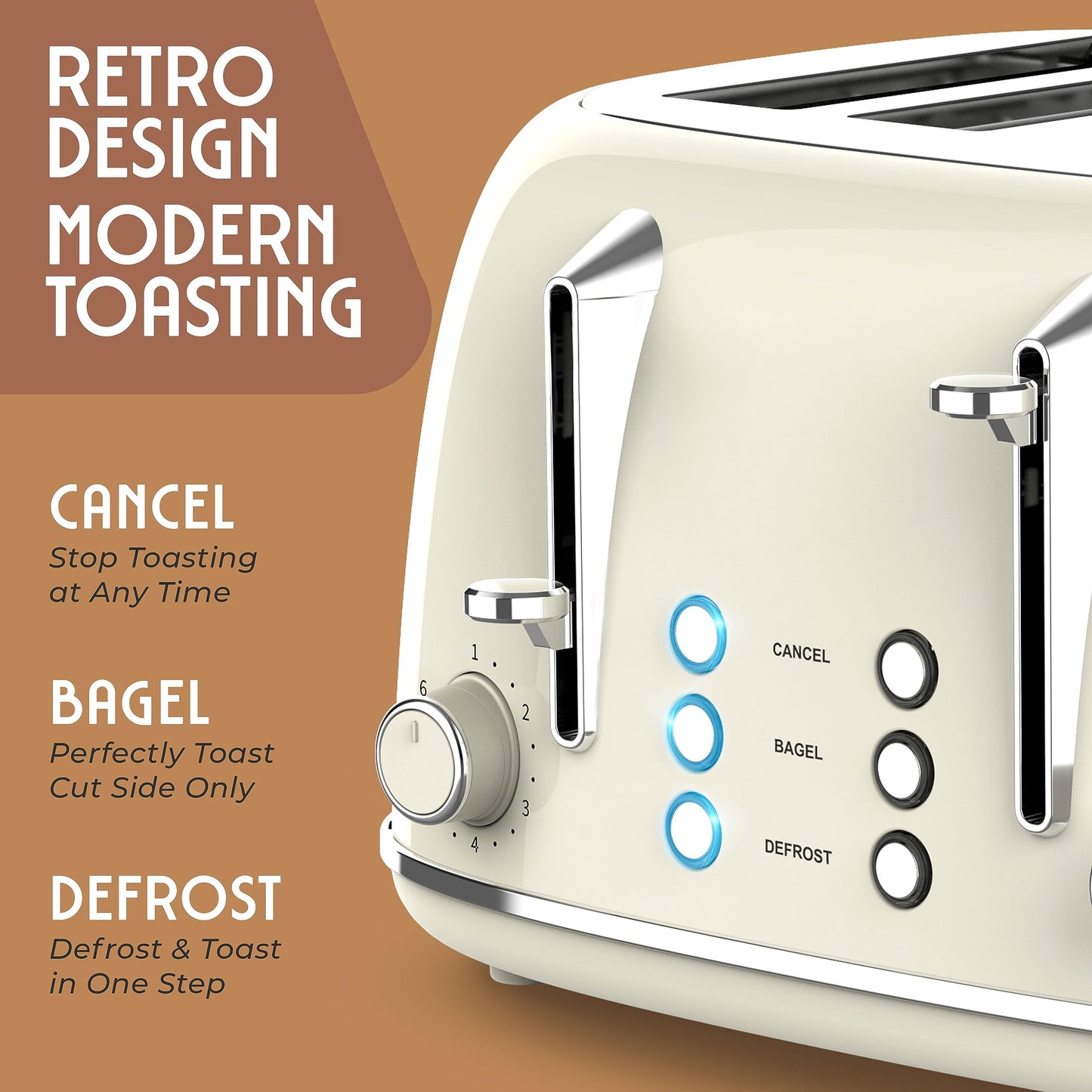 Mueller Retro Toaster 4 Slice with Extra Wide Slots Bagel, Defrost, and Cancel Function, 6 Browning Levels, Dual Independent Controls, Removable Crumb Tray and High Lift Levers, Pink