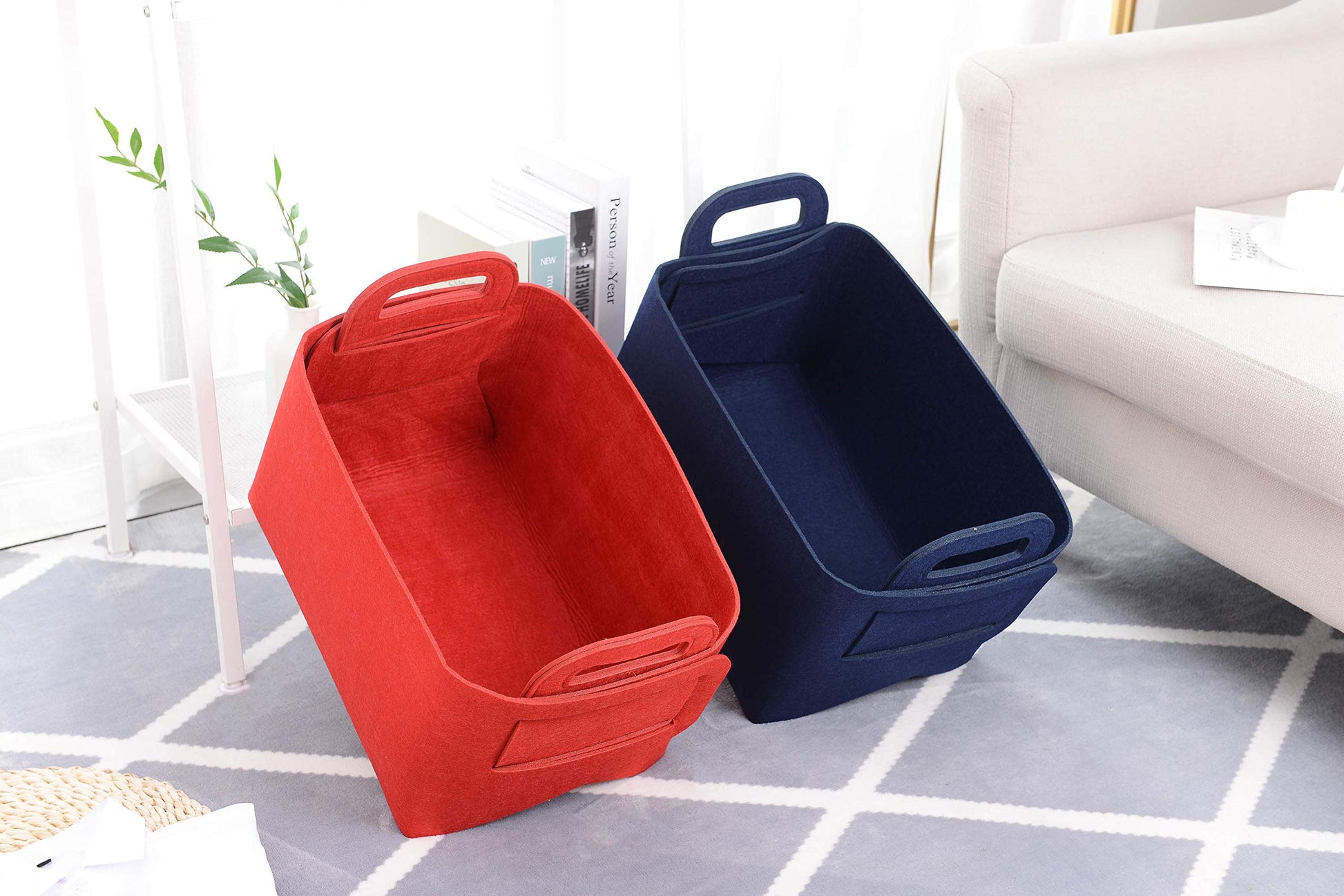 Cesta de almacenamiento de fieltro plegable y conveniente organizador con asas de transporte para oficina, recámara, clóset, bebé, juguetes de guardería, ropa (azul marino, 18.9 pulgadas de largo x