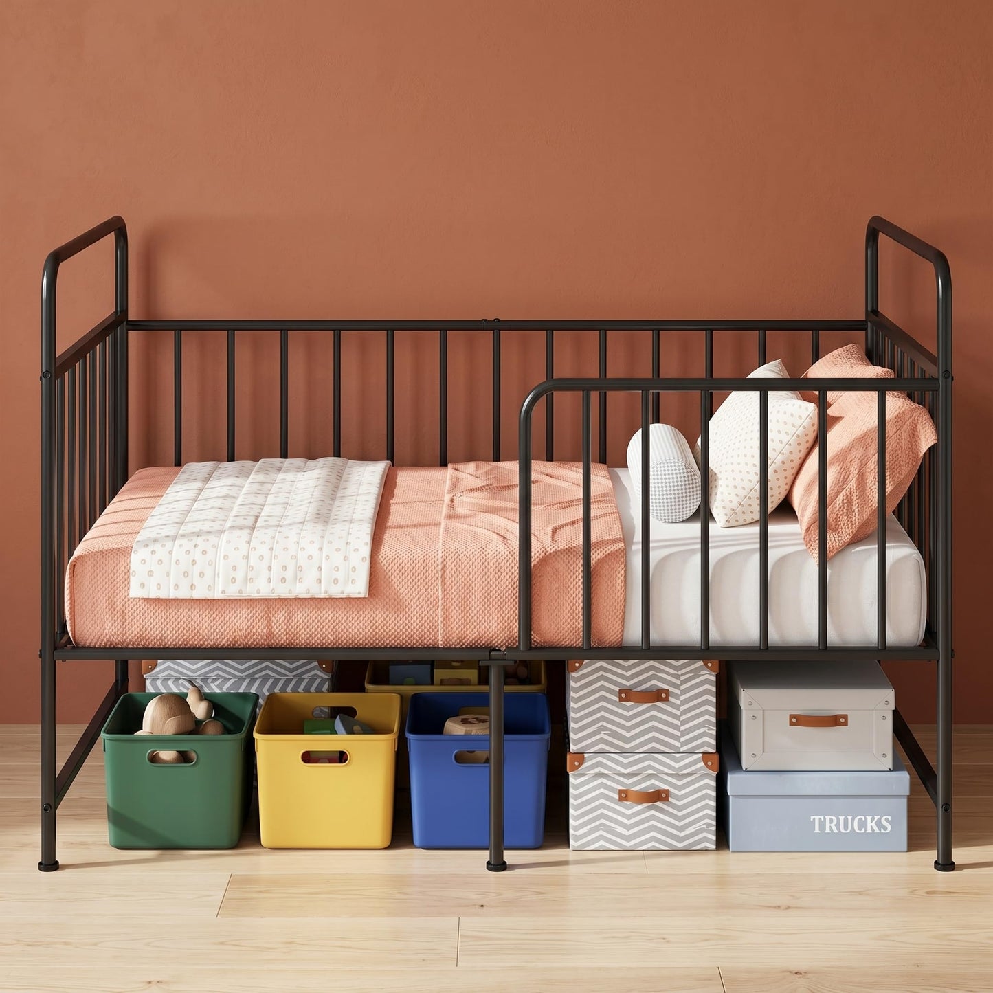 Uzelia Cuna Convertible para Bebé 4 en 1, Cuna para Bebé de Metal con Barandales de Seguridad, Cama Infantil, Daybed y Sofá para Niños, Estructura Resistente con Almacenamiento Inferior, Negro