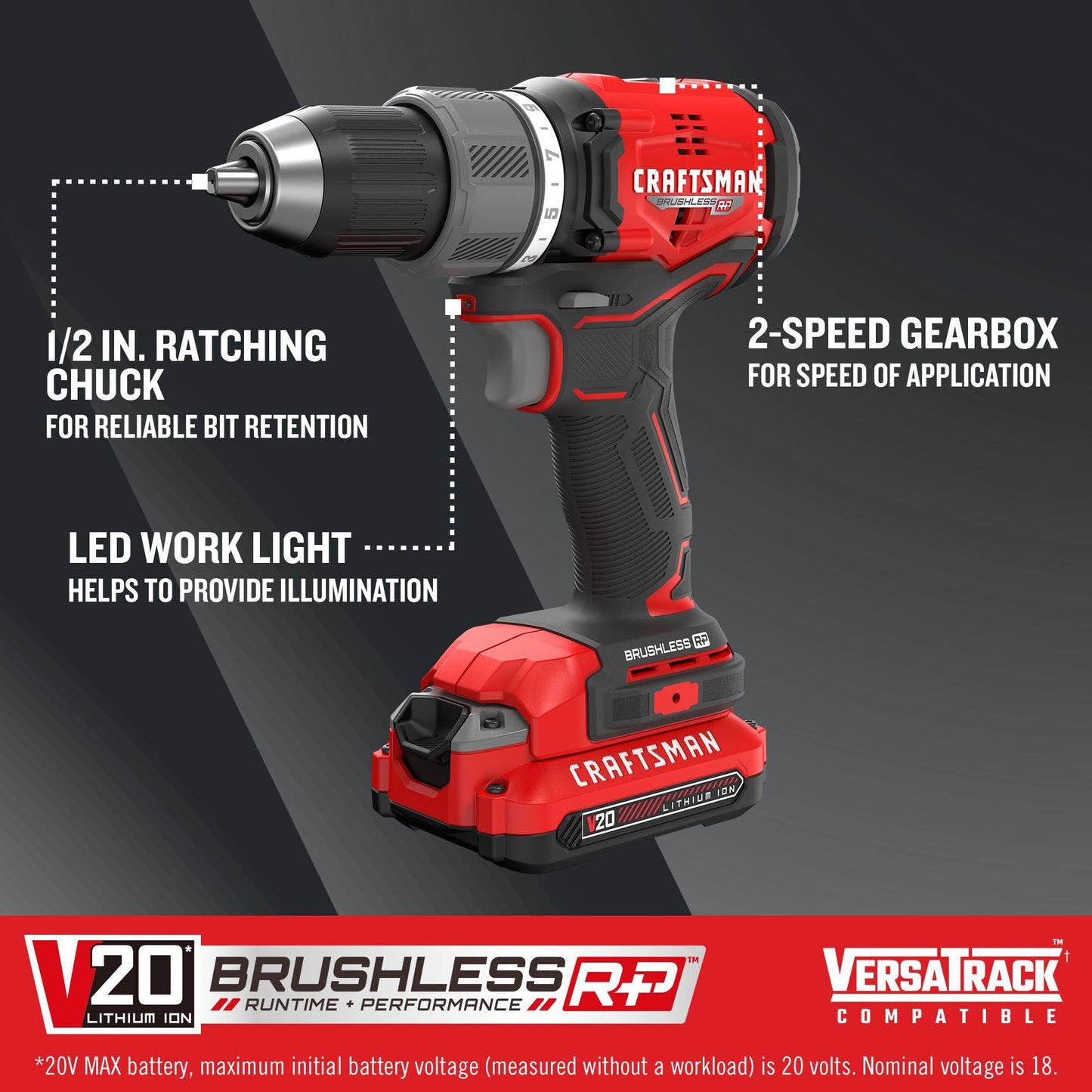 CRAFTSMAN RP+ Kit de taladro/driver inalámbrico, con 2 baterías y cargador, sin escobillas (CMCD713C2)