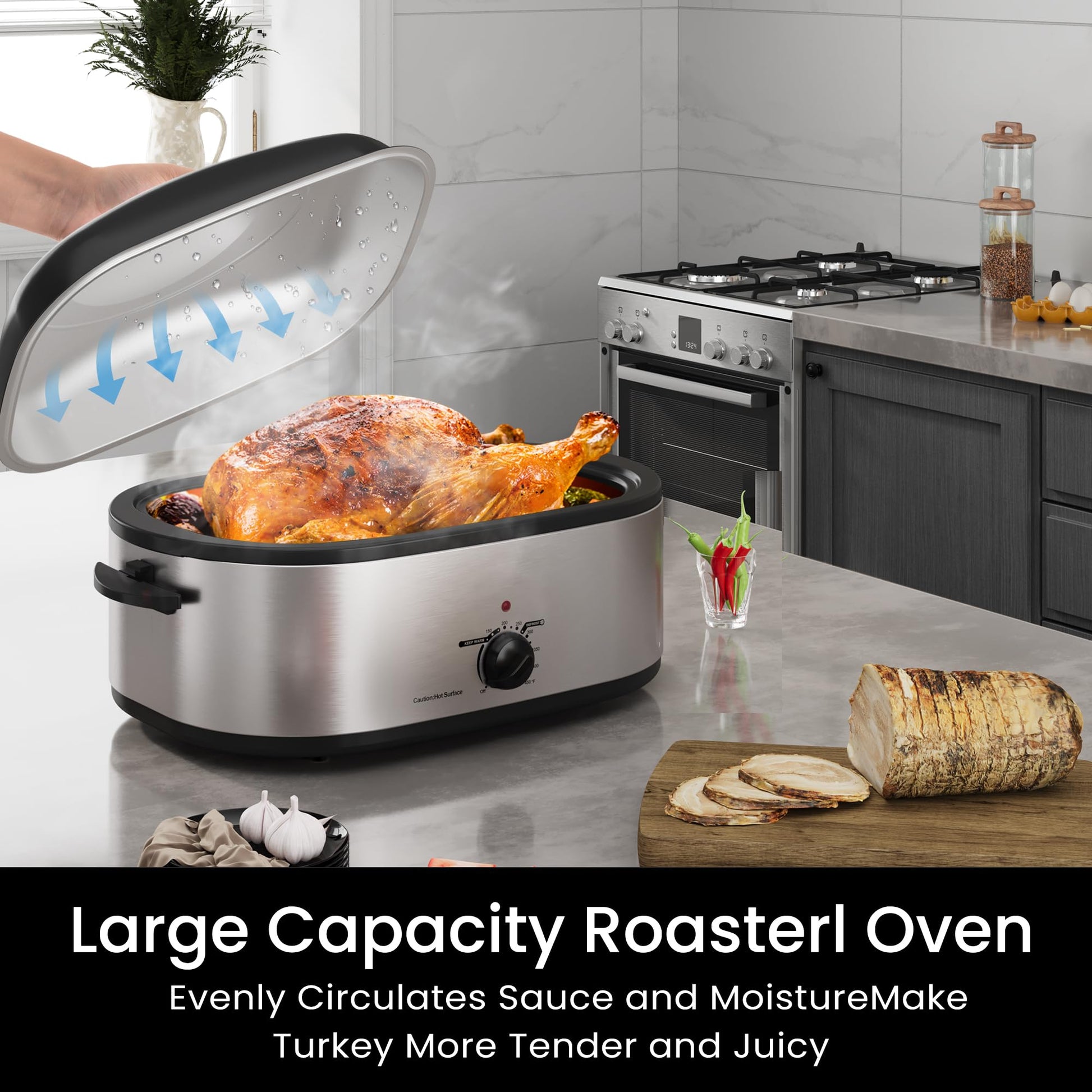Horno tostador de 18 cuartos con tapa autohilado, horno tostador de pavo con función de descongelación y calor, temperatura ajustable, estante eléctrico extraíble para sartén, acero inoxidable, plata